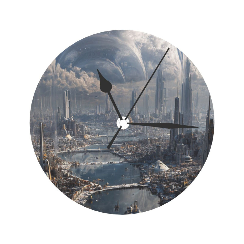 Futuristic Cityscape Round Wall Clock – 25cm Silent Quartz Modern Home Decoration for Living Room, Bedroom, Office