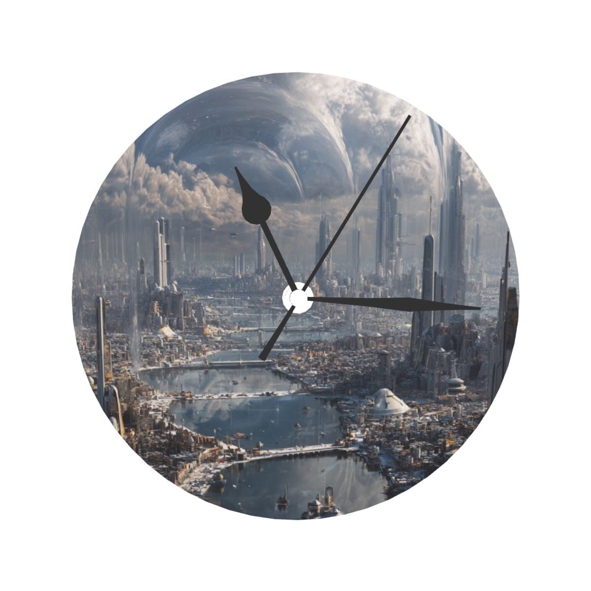 Futuristic Cityscape Round Wall Clock – 25cm Silent Quartz Modern Home Decoration for Living Room, Bedroom, Office