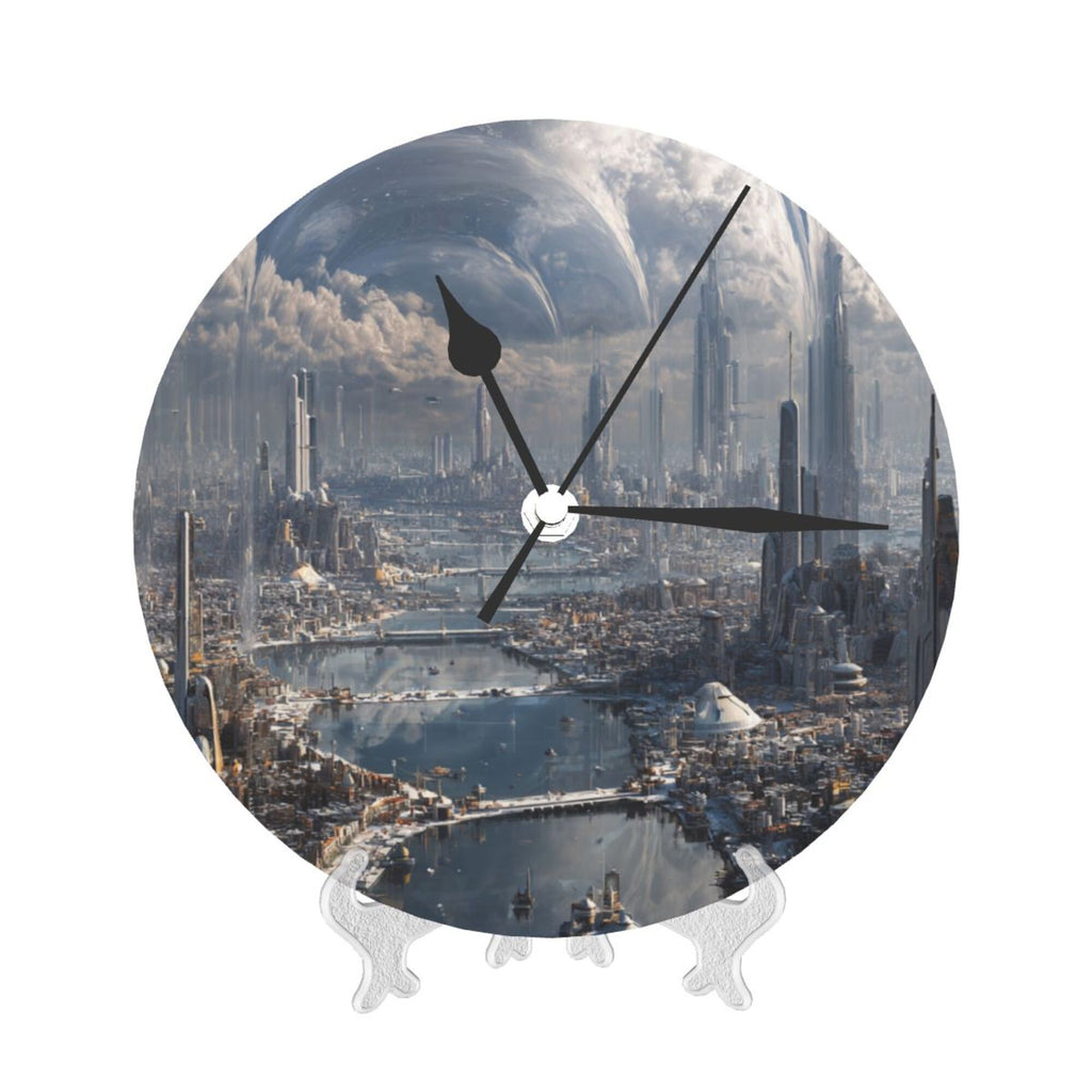 Futuristic Cityscape Round Wall Clock – 25cm Silent Quartz Modern Home Decoration for Living Room, Bedroom, Office