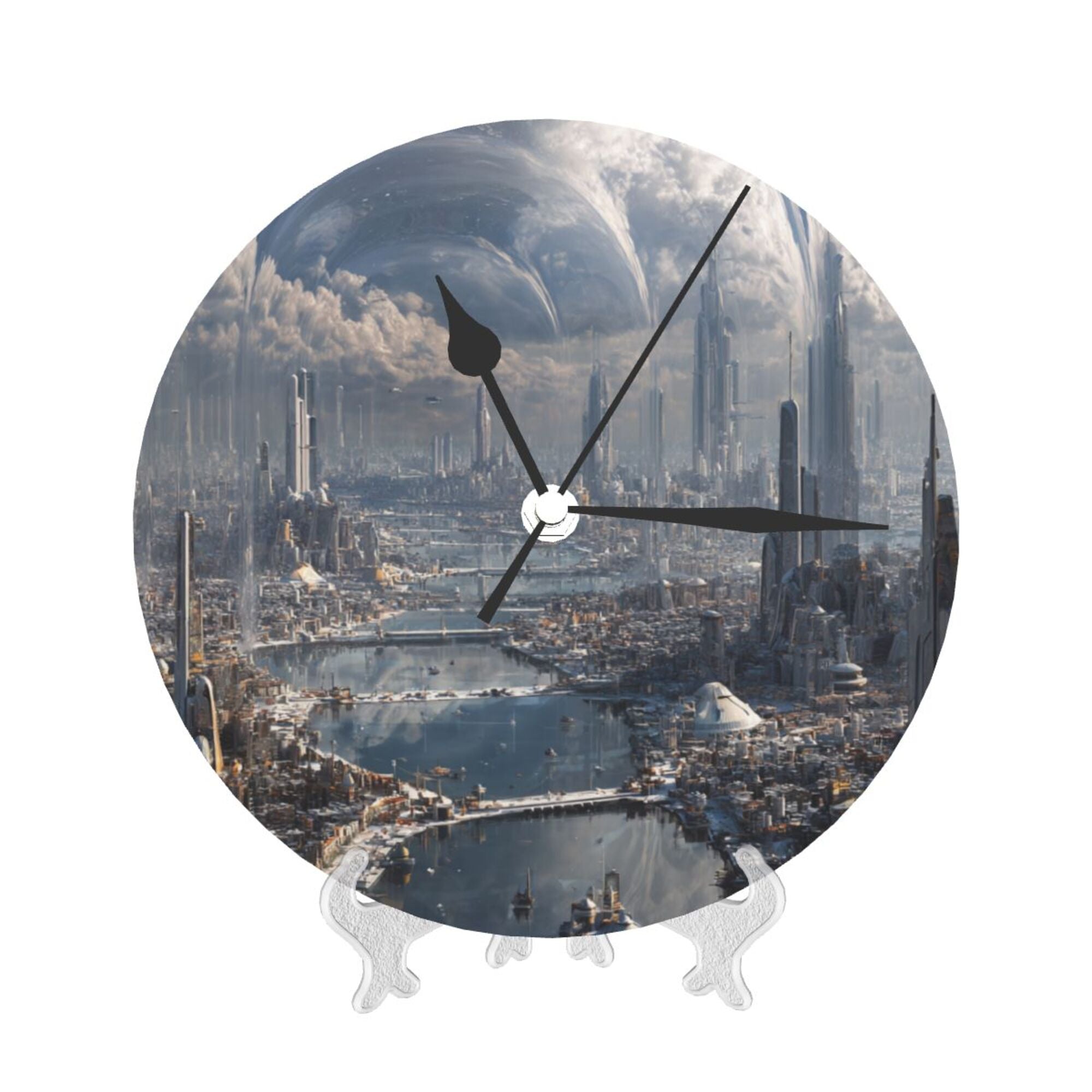 Futuristic Cityscape Round Wall Clock – 25cm Silent Quartz Modern Home Decoration for Living Room, Bedroom, Office