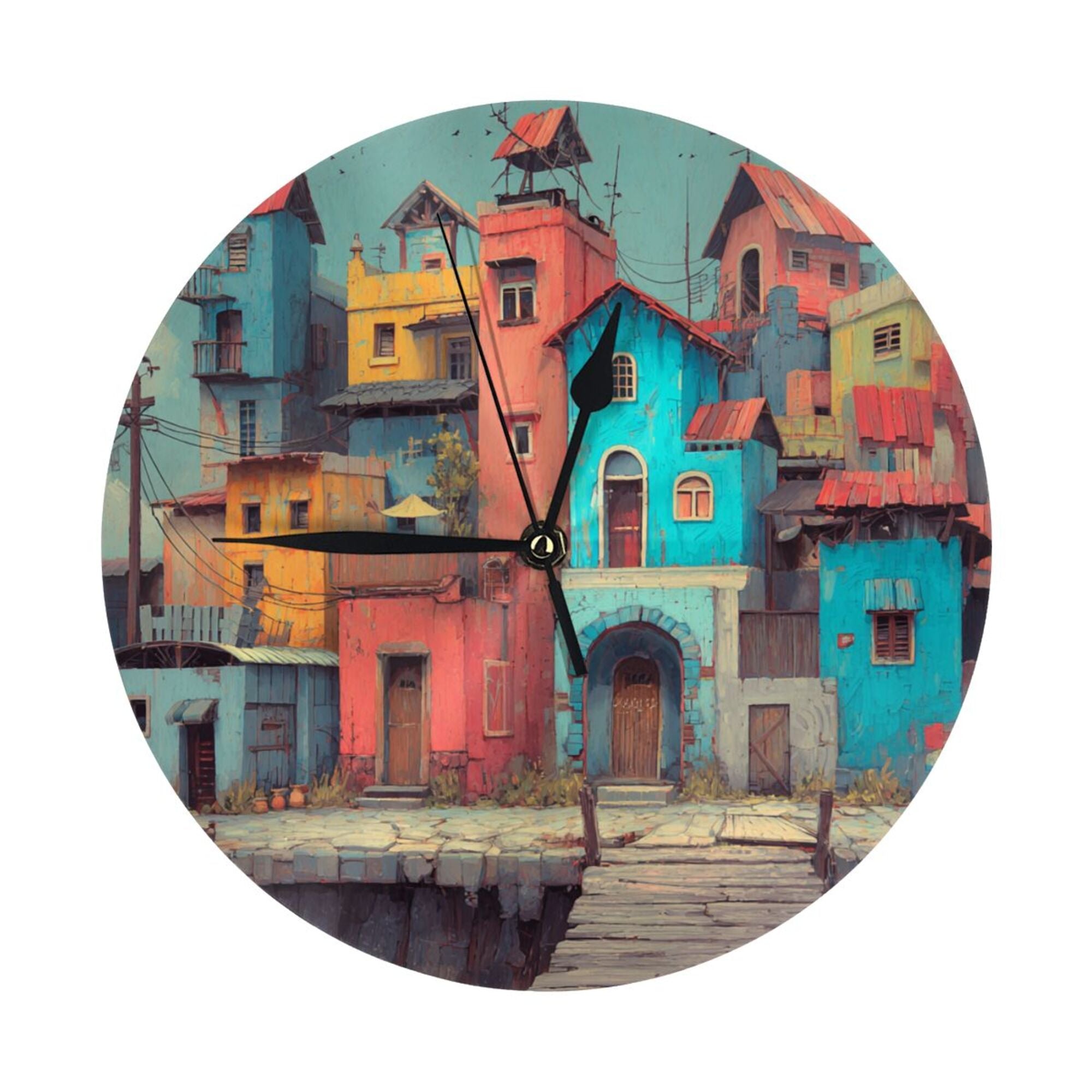 Creative Colorful Architecture Round Wall Clock – Artistic Home Decoration Clock for Living Room, Bedroom, Office – 25cm