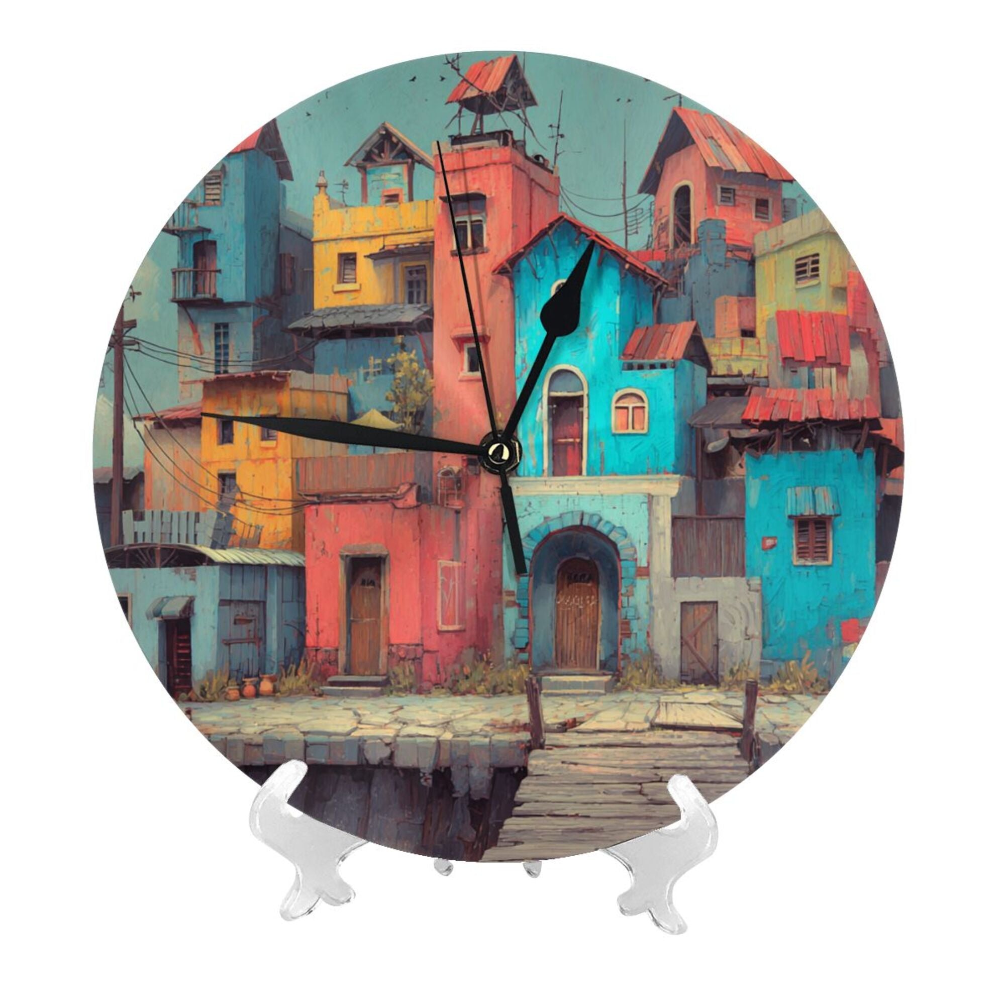 Creative Colorful Architecture Round Wall Clock – Artistic Home Decoration Clock for Living Room, Bedroom, Office – 25cm