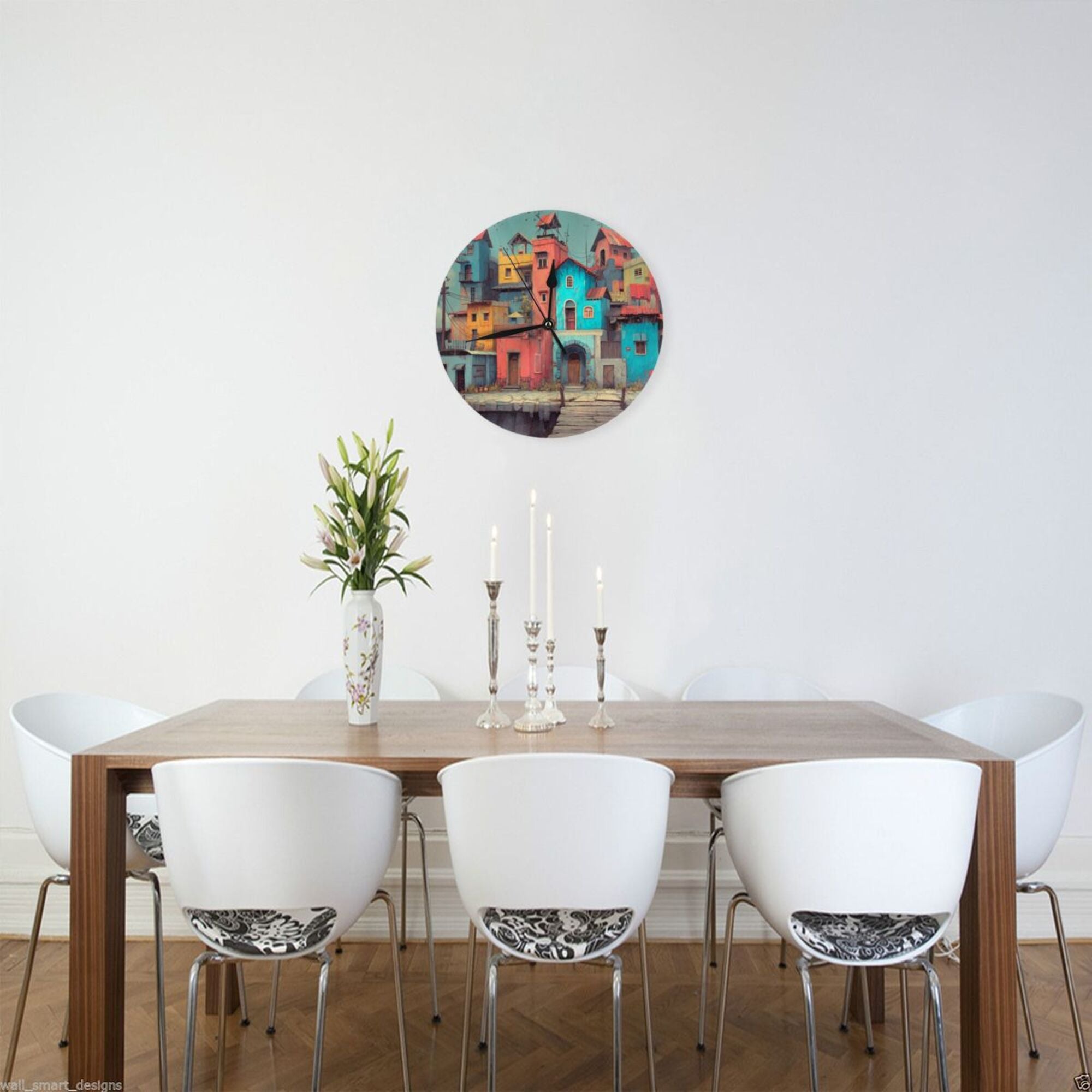 Creative Colorful Architecture Round Wall Clock – Artistic Home Decoration Clock for Living Room, Bedroom, Office – 25cm