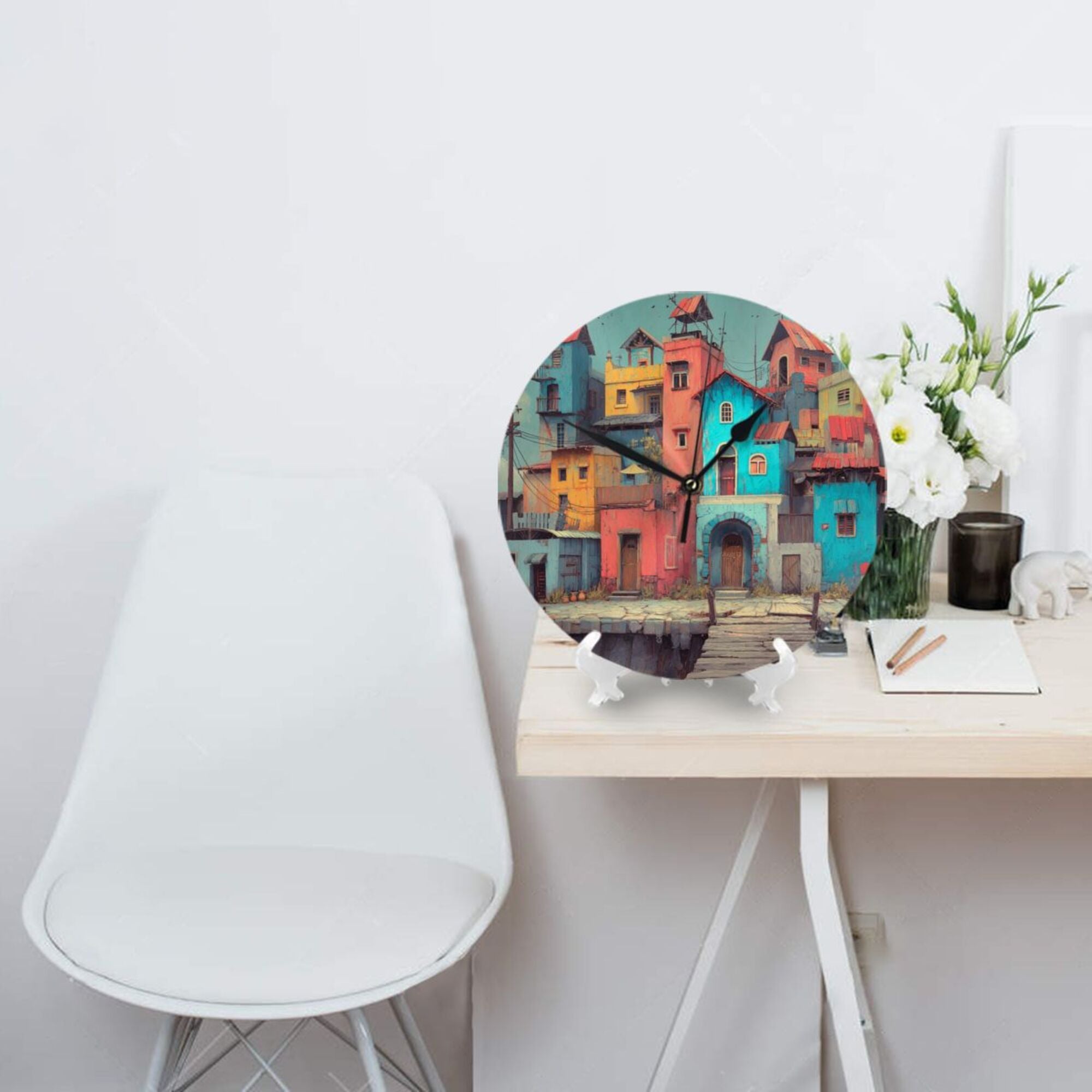 Creative Colorful Architecture Round Wall Clock – Artistic Home Decoration Clock for Living Room, Bedroom, Office – 25cm
