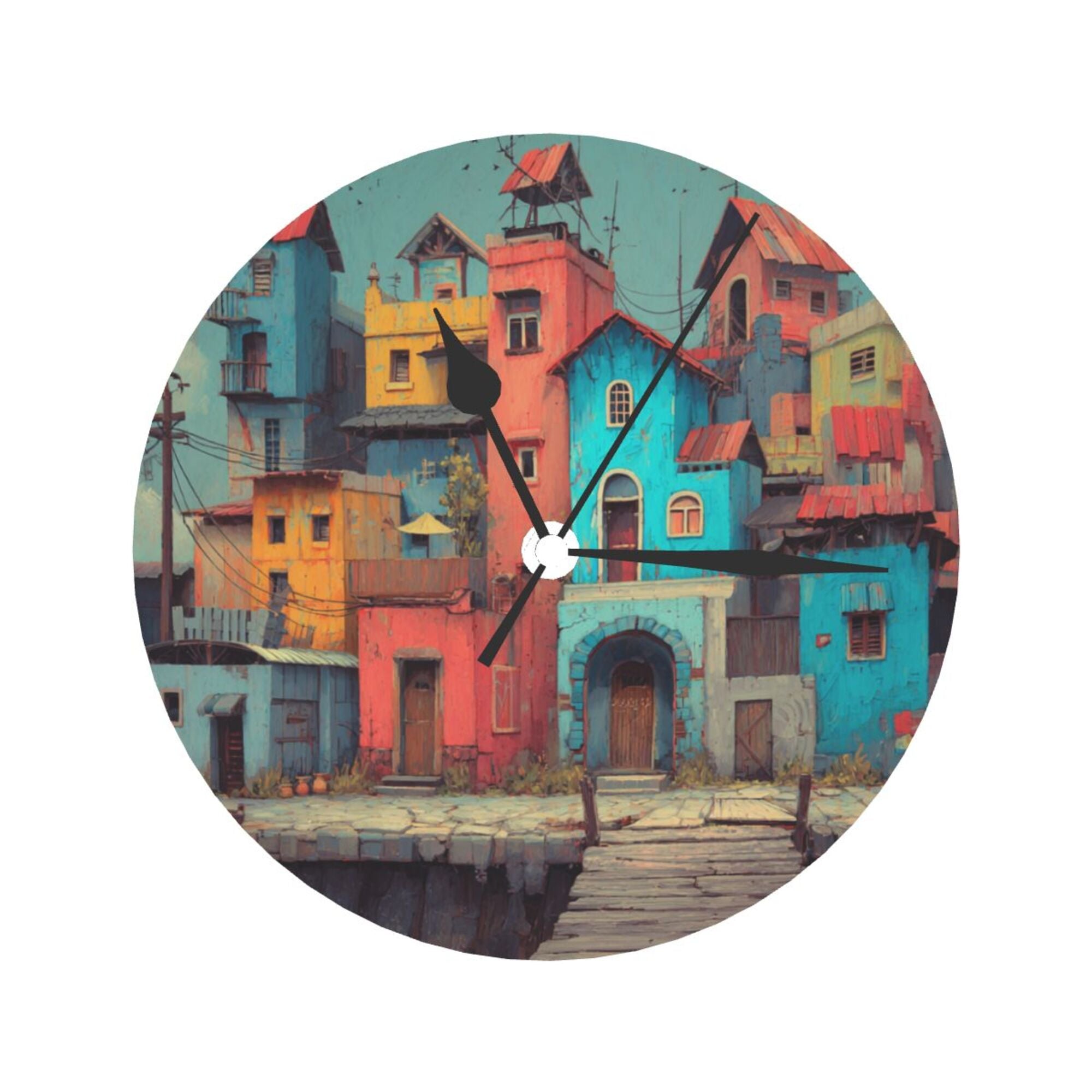 Creative Colorful Architecture Round Wall Clock – Artistic Home Decoration Clock for Living Room, Bedroom, Office – 25cm