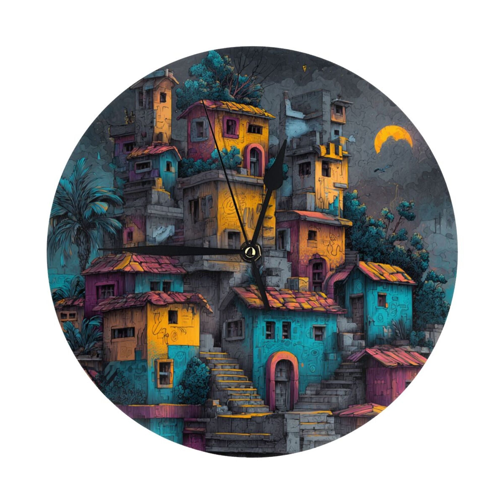 Colorful Architecture Design Round Wall Clock – Creative Silent Decorative Clock for Living Room, Bedroom, Study, and Office – 25cm