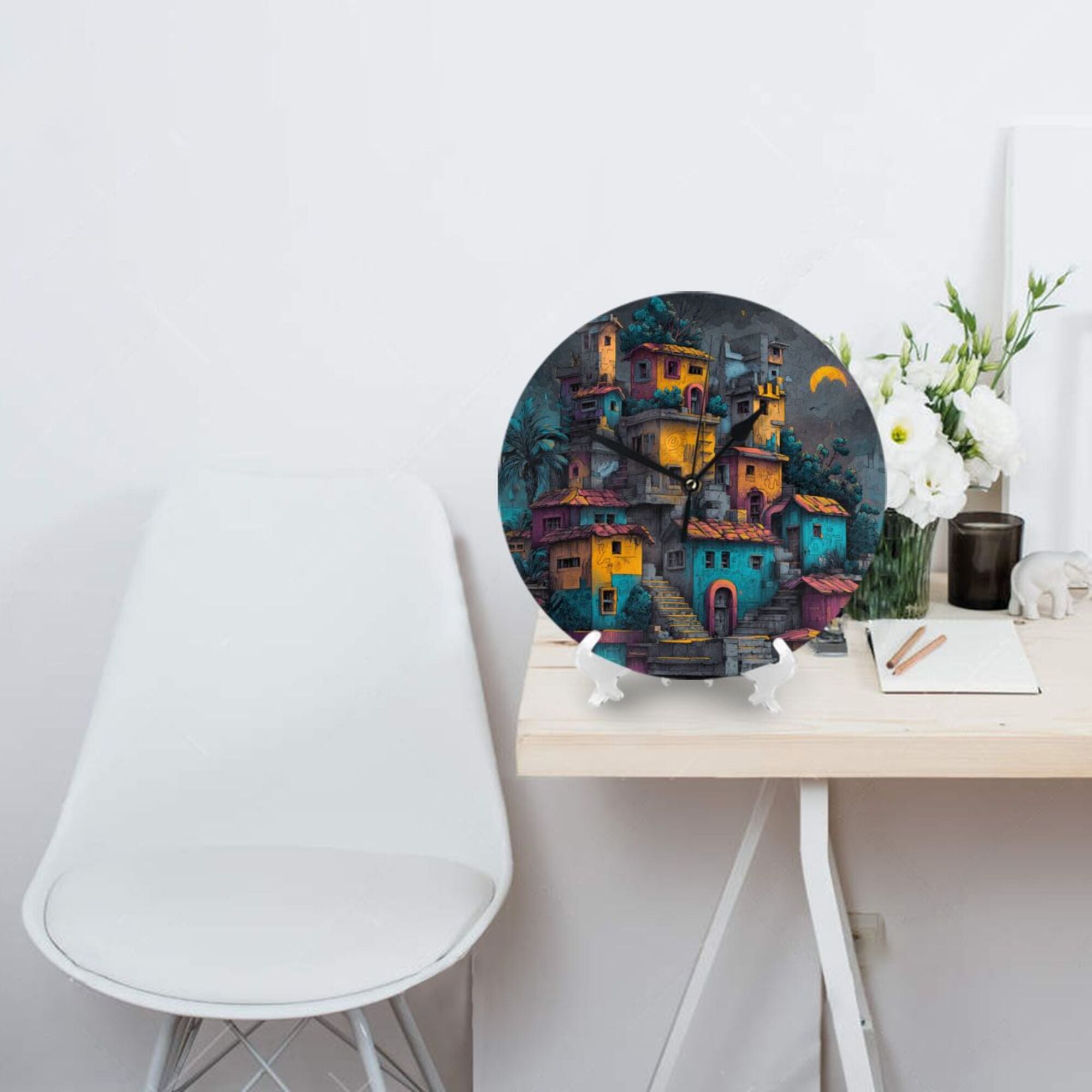 Colorful Architecture Design Round Wall Clock – Creative Silent Decorative Clock for Living Room, Bedroom, Study, and Office – 25cm