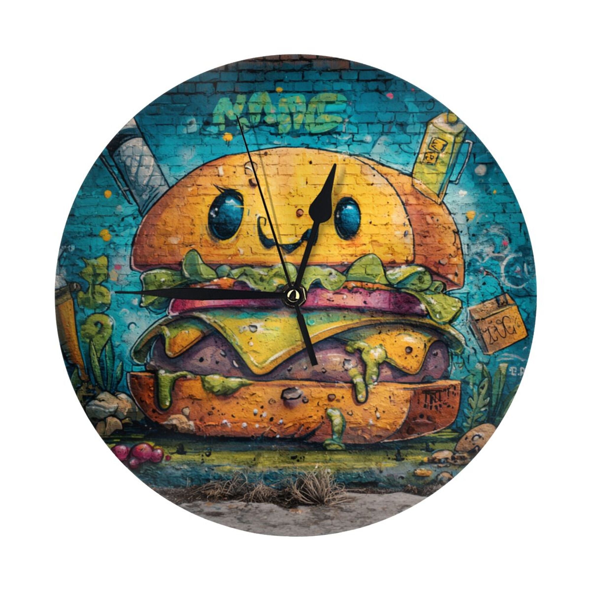 Creative Burger Graffiti Round Wall Clock - Artistic Decorative Clock for Home, Trendy Living Room & Dining Room Ornament