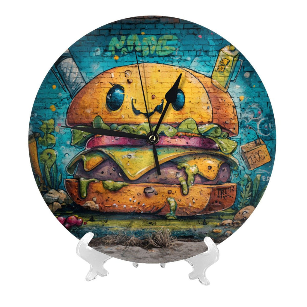 Creative Burger Graffiti Round Wall Clock - Artistic Decorative Clock for Home, Trendy Living Room & Dining Room Ornament