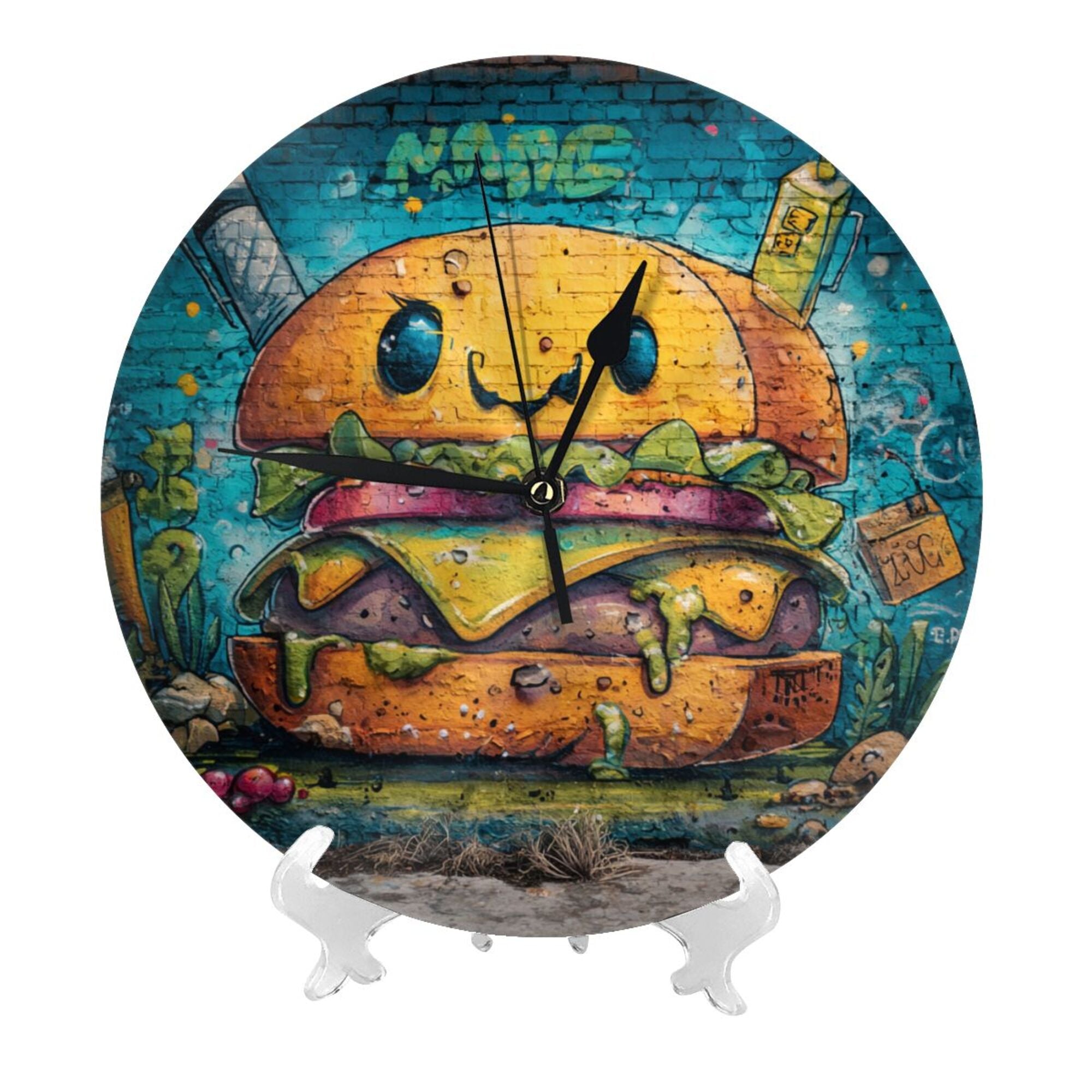 Creative Burger Graffiti Round Wall Clock - Artistic Decorative Clock for Home, Trendy Living Room & Dining Room Ornament