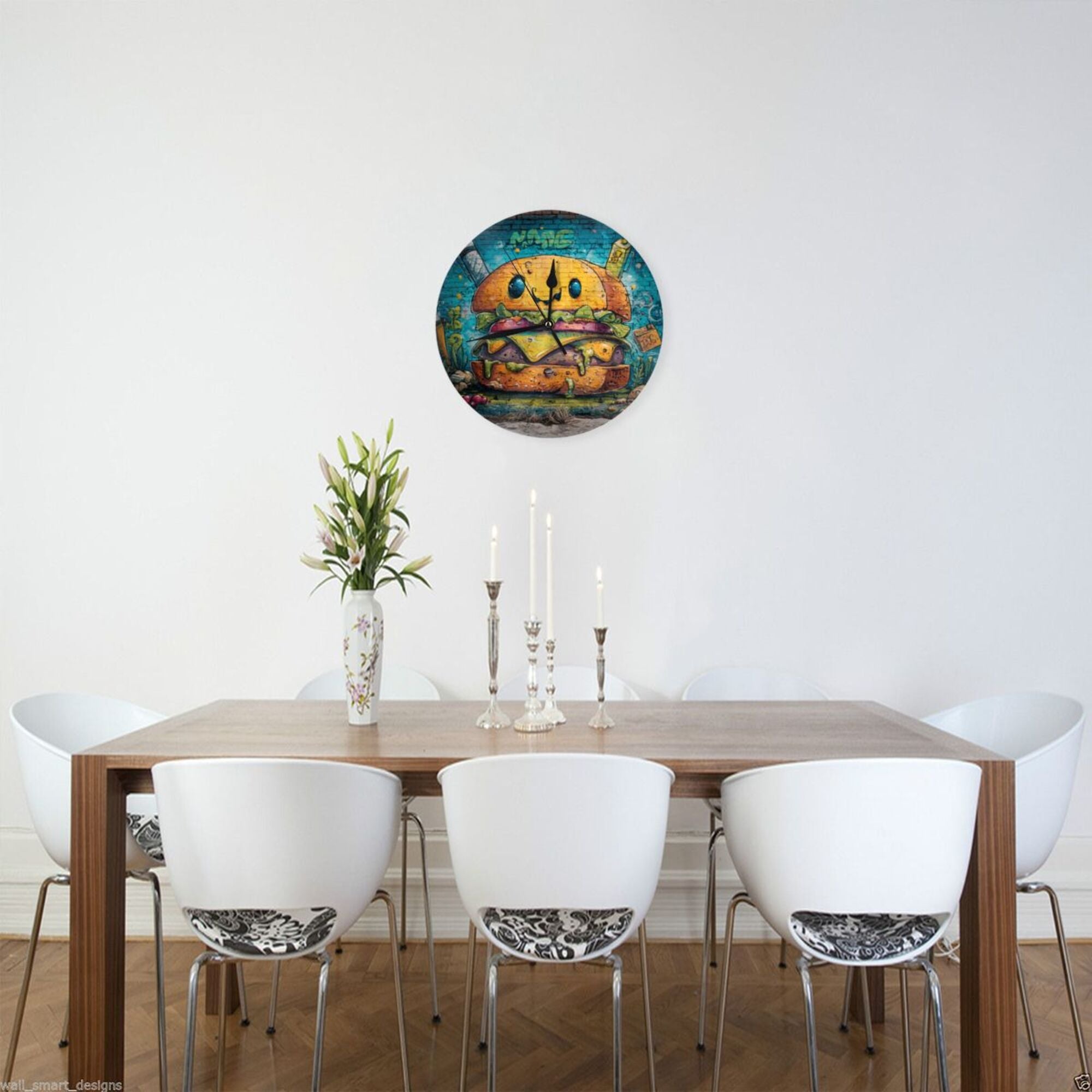 Creative Burger Graffiti Round Wall Clock - Artistic Decorative Clock for Home, Trendy Living Room & Dining Room Ornament