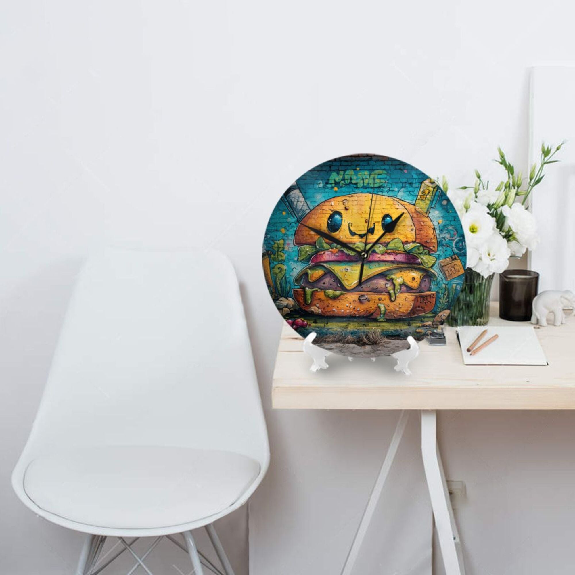 Creative Burger Graffiti Round Wall Clock - Artistic Decorative Clock for Home, Trendy Living Room & Dining Room Ornament