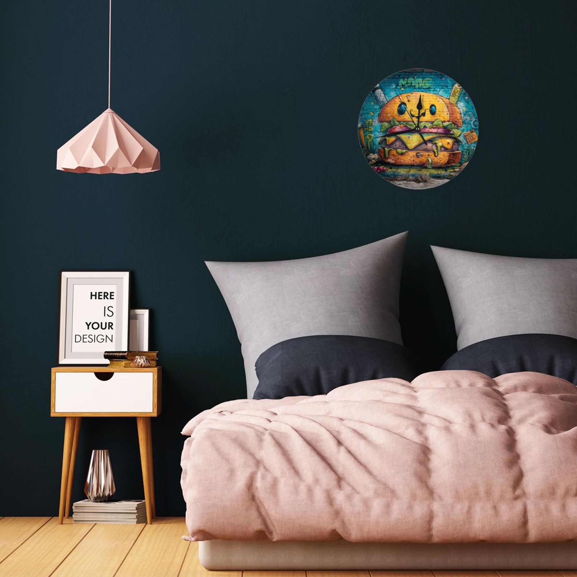 Creative Burger Graffiti Round Wall Clock - Artistic Decorative Clock for Home, Trendy Living Room & Dining Room Ornament