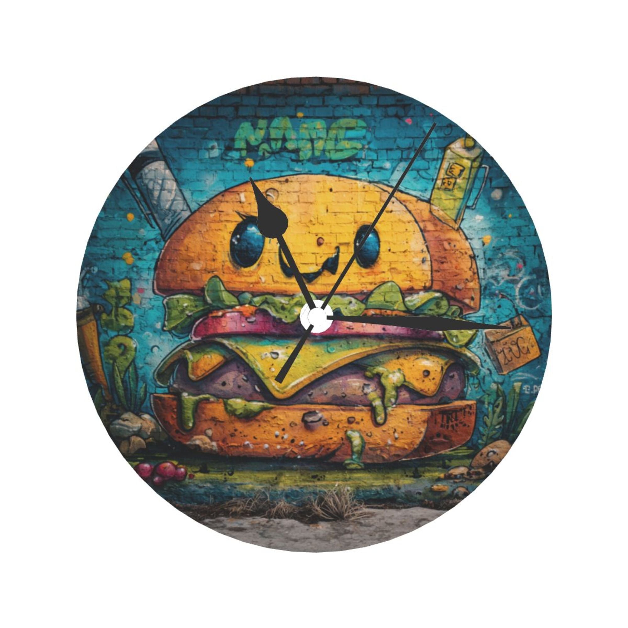 Creative Burger Graffiti Round Wall Clock - Artistic Decorative Clock for Home, Trendy Living Room & Dining Room Ornament