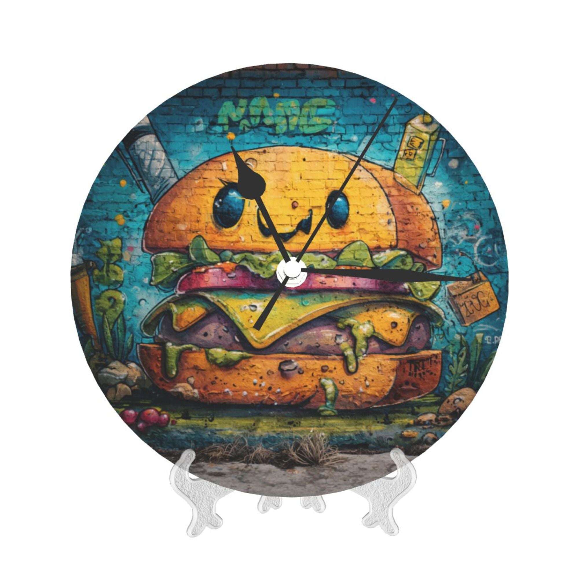 Creative Burger Graffiti Round Wall Clock - Artistic Decorative Clock for Home, Trendy Living Room & Dining Room Ornament
