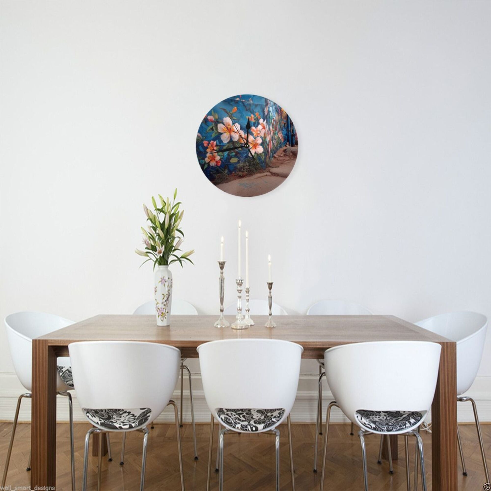 Artistic Graffiti Wall Flower Round Wall Clock - Creative Home Decor Clock, Unique Wall Art Ornament