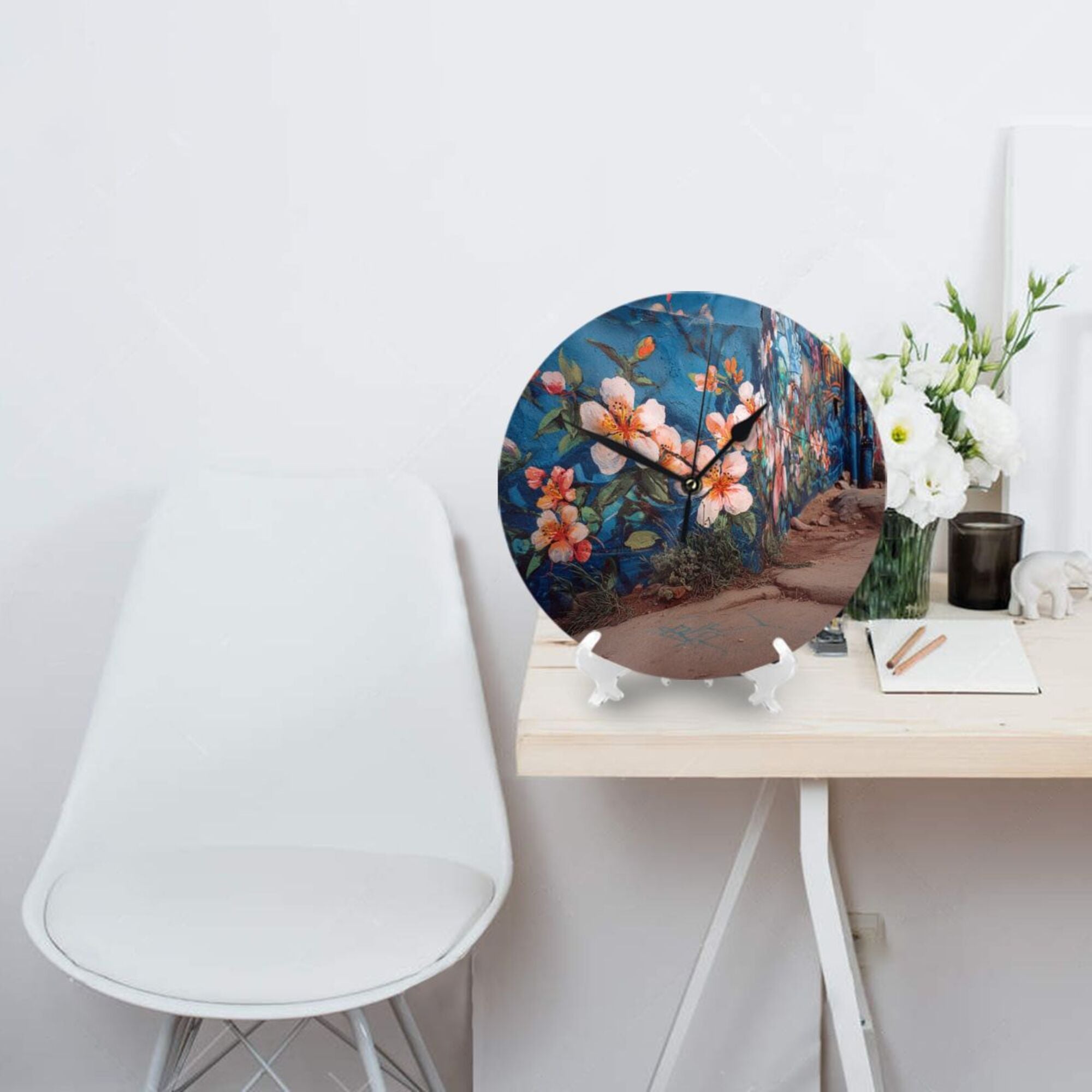Artistic Graffiti Wall Flower Round Wall Clock - Creative Home Decor Clock, Unique Wall Art Ornament