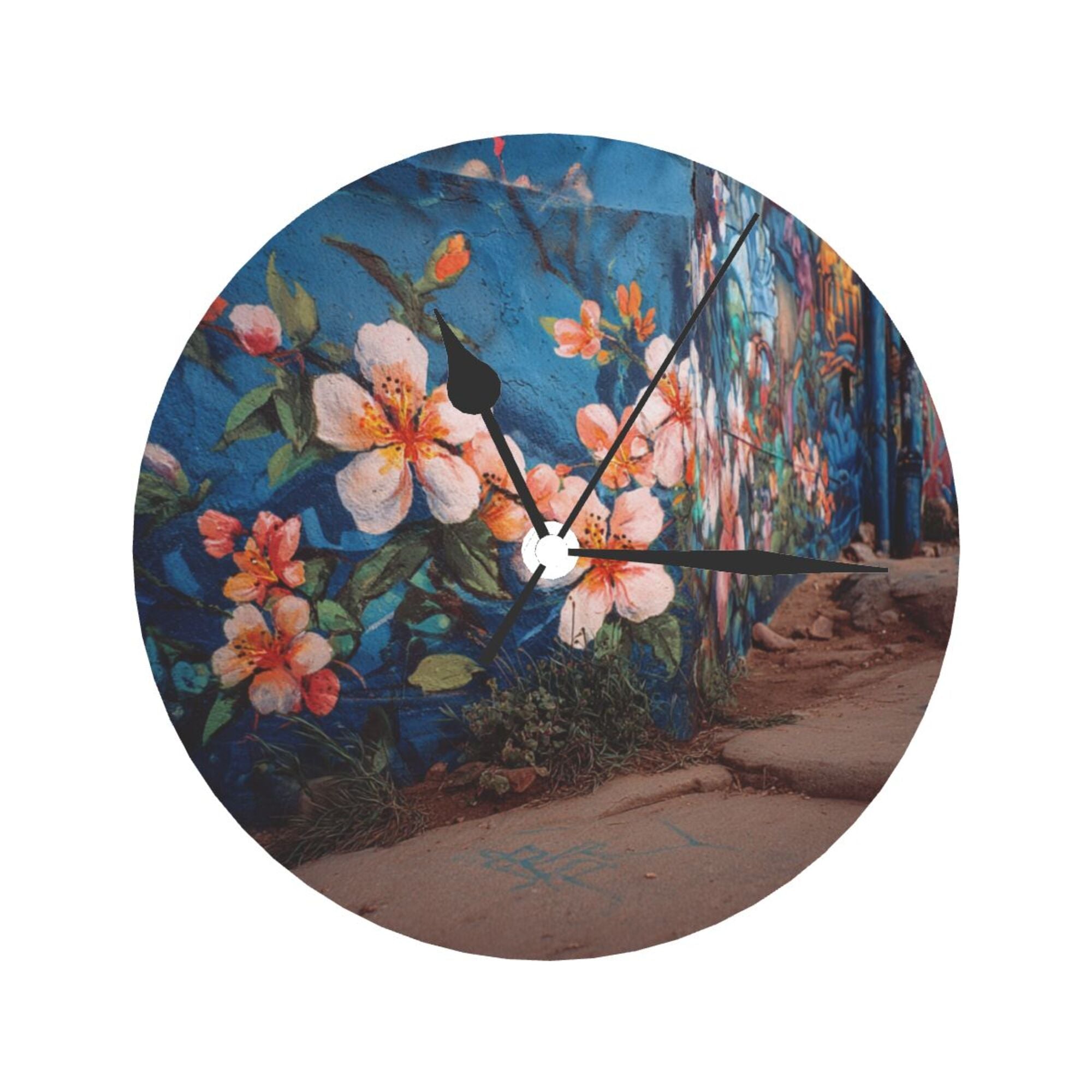 Artistic Graffiti Wall Flower Round Wall Clock - Creative Home Decor Clock, Unique Wall Art Ornament