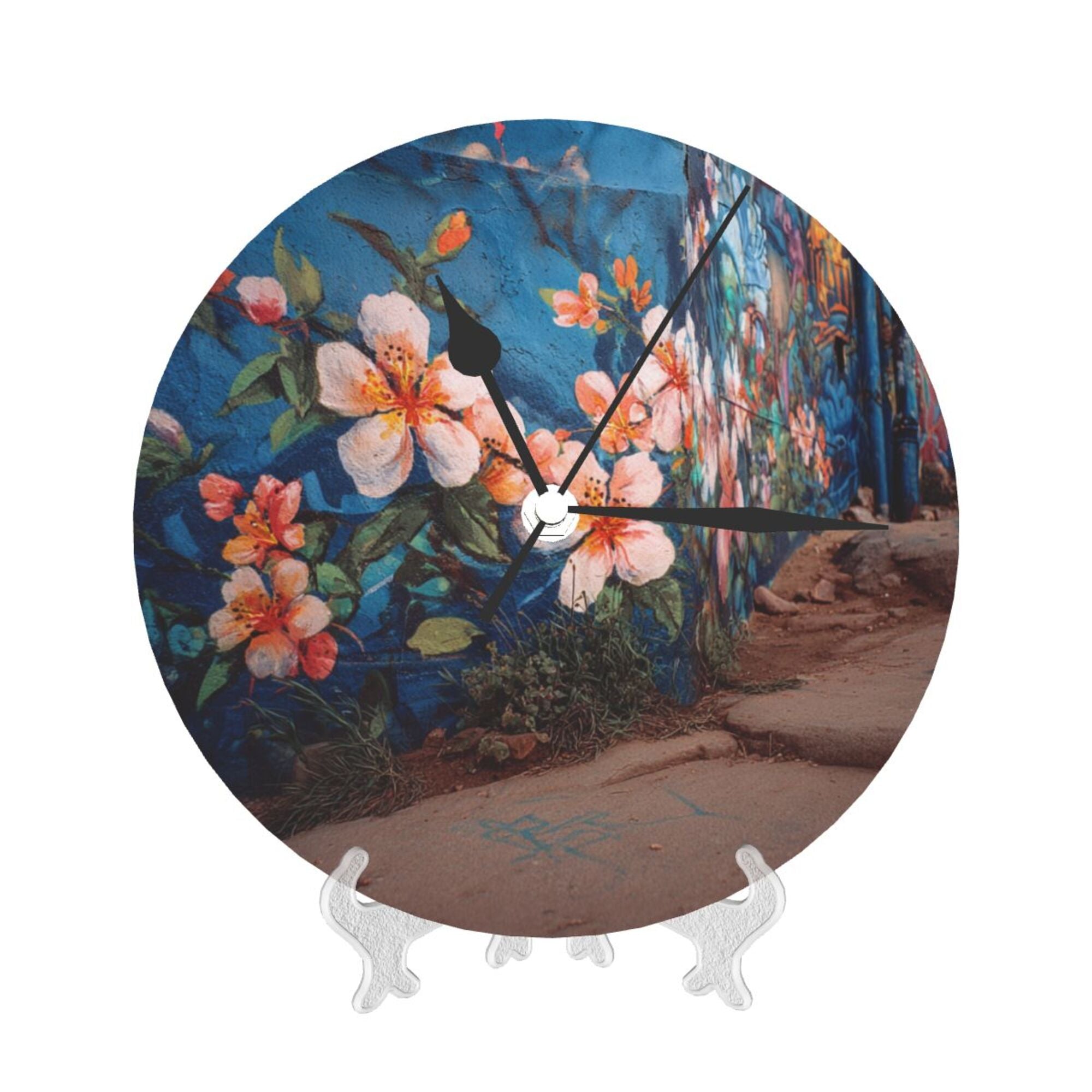 Artistic Graffiti Wall Flower Round Wall Clock - Creative Home Decor Clock, Unique Wall Art Ornament