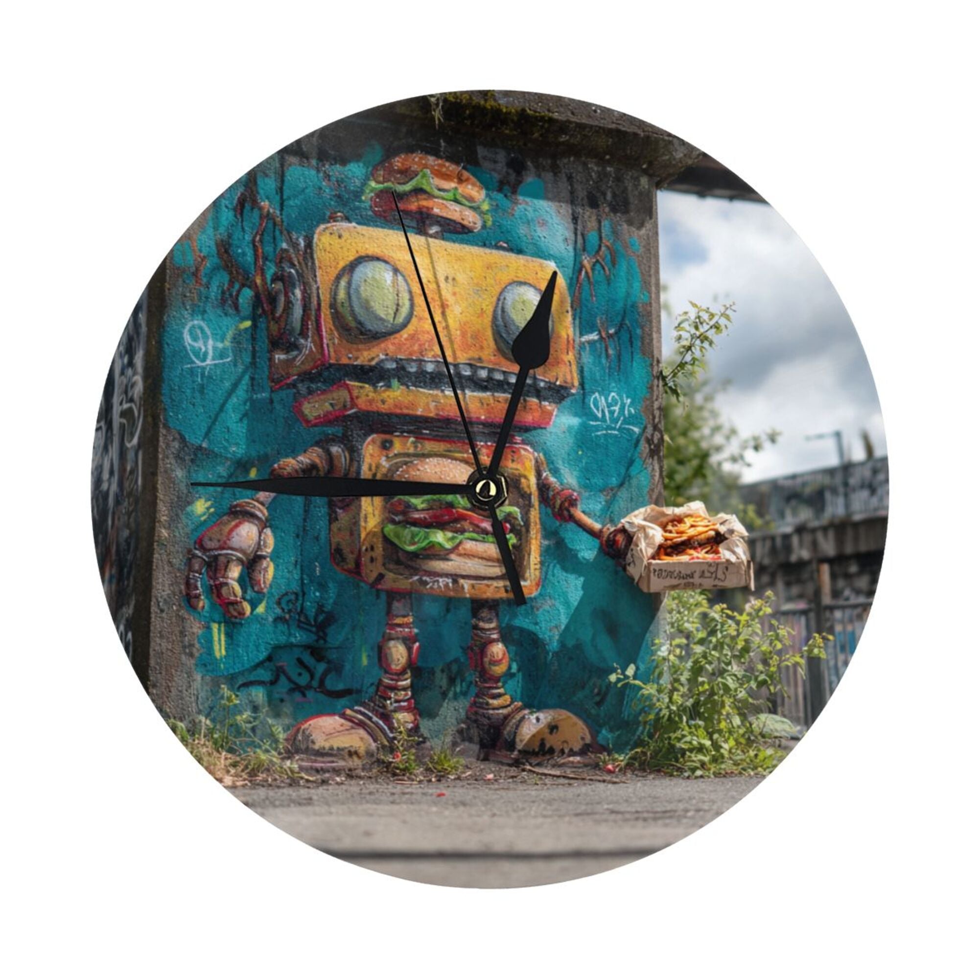 Street Graffiti Robot Round Wall Clock - Creative Art Clock, Trendy Home Decor Wall Ornament