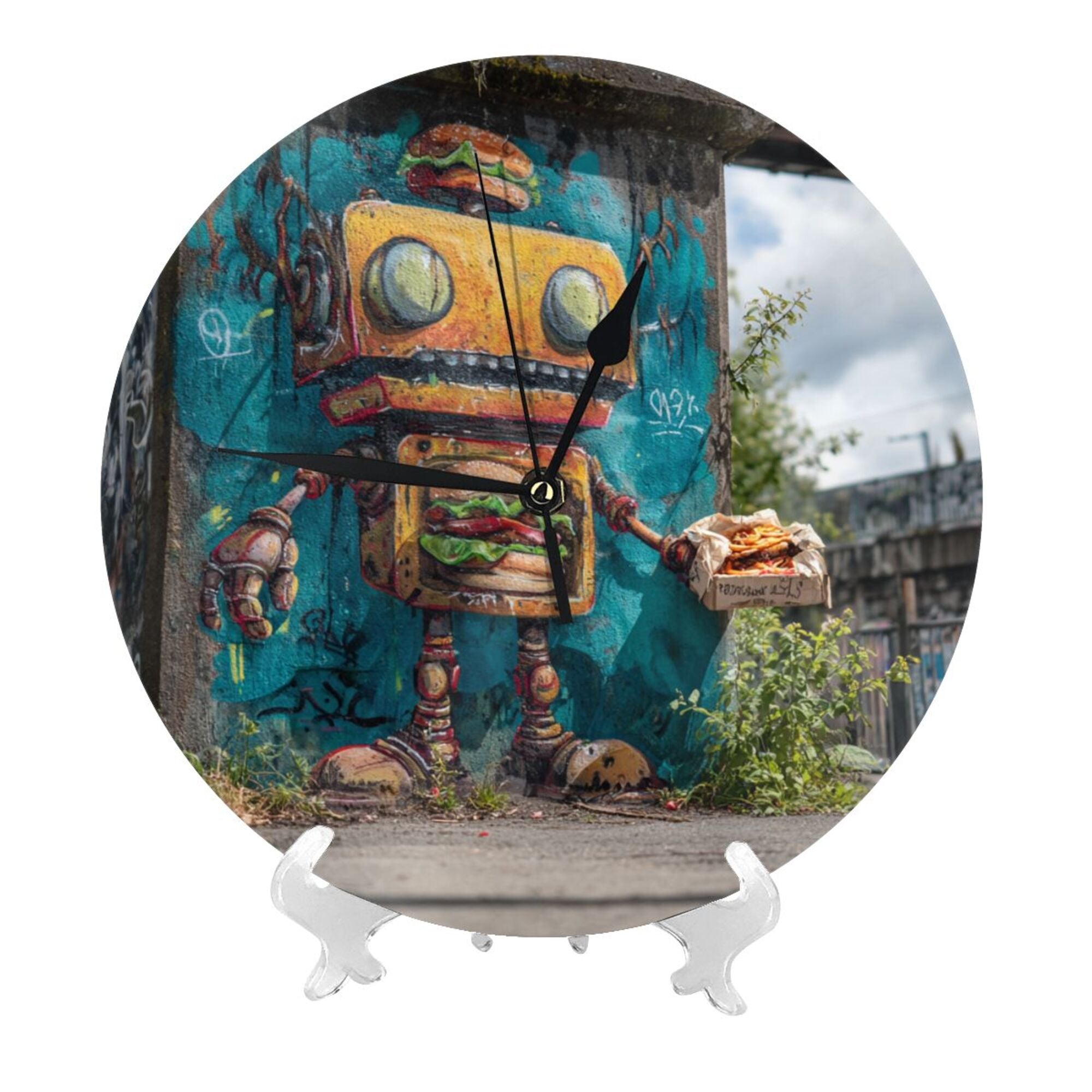 Street Graffiti Robot Round Wall Clock - Creative Art Clock, Trendy Home Decor Wall Ornament