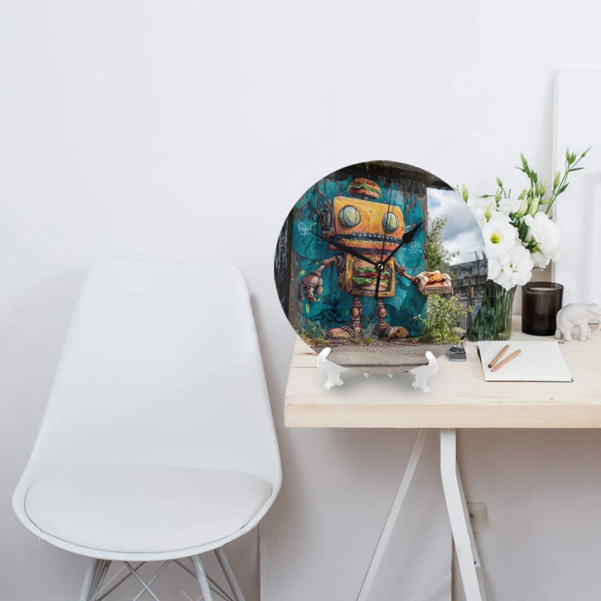 Street Graffiti Robot Round Wall Clock - Creative Art Clock, Trendy Home Decor Wall Ornament