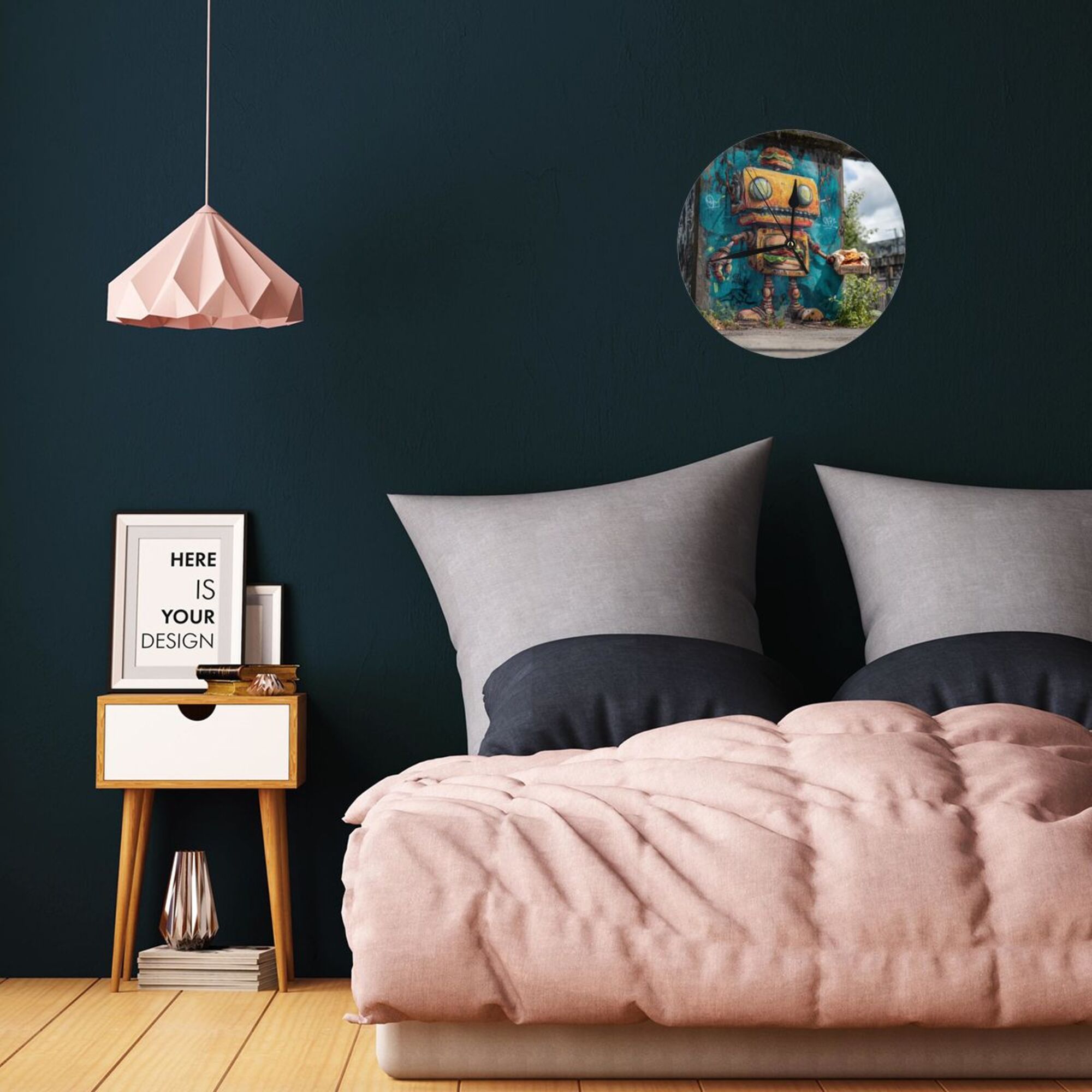 Street Graffiti Robot Round Wall Clock - Creative Art Clock, Trendy Home Decor Wall Ornament