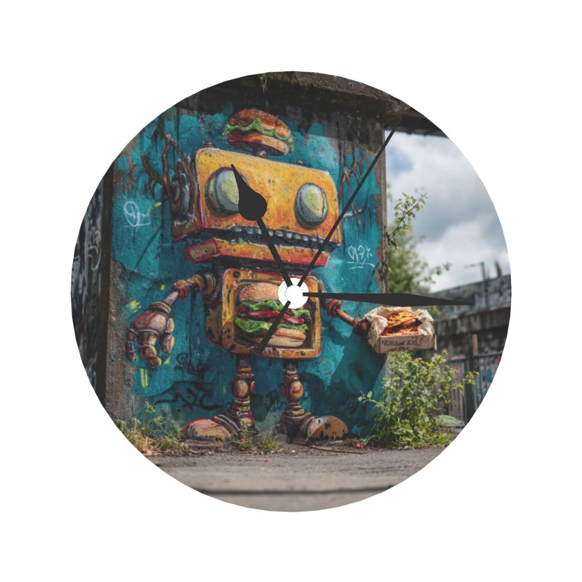 Street Graffiti Robot Round Wall Clock - Creative Art Clock, Trendy Home Decor Wall Ornament