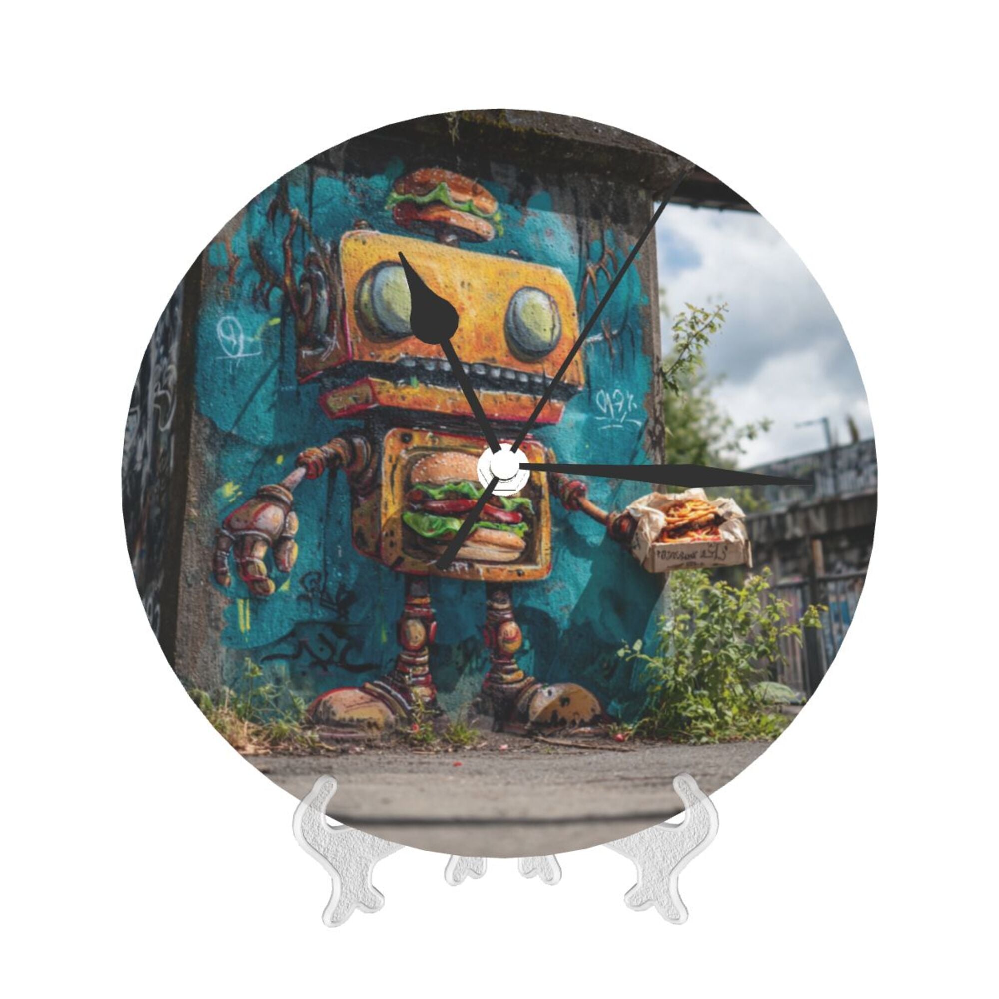 Street Graffiti Robot Round Wall Clock - Creative Art Clock, Trendy Home Decor Wall Ornament