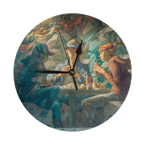 Artistic Mural - Inspired Round Wall Clock: A Gathering of Youths in a Vivid Street - Art Scene