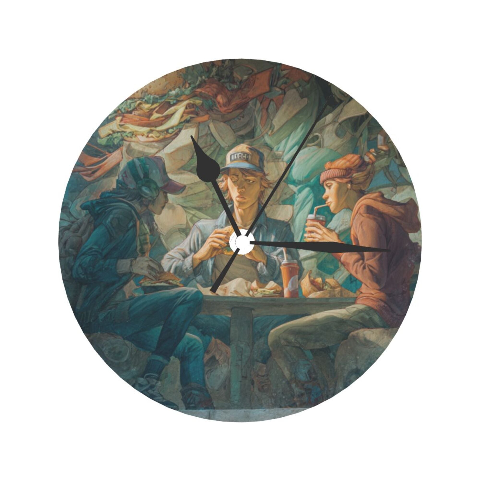 Artistic Mural - Inspired Round Wall Clock: A Gathering of Youths in a Vivid Street - Art Scene