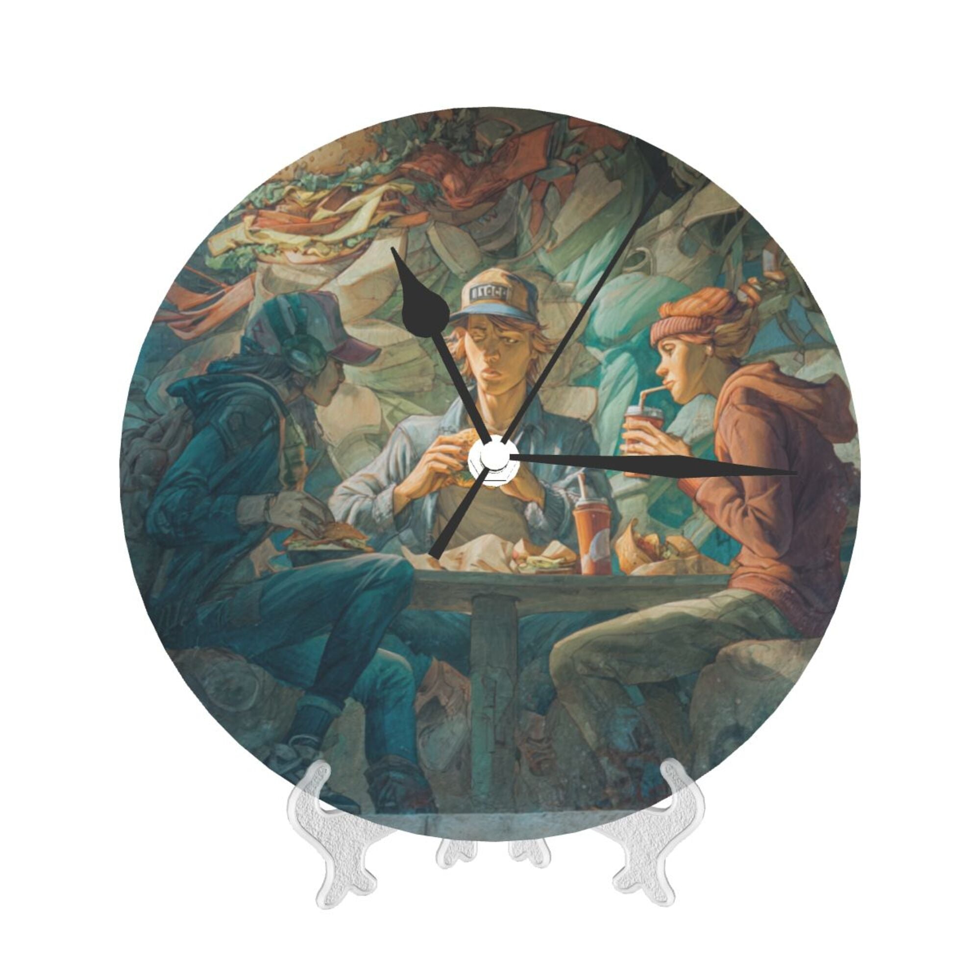 Artistic Mural - Inspired Round Wall Clock: A Gathering of Youths in a Vivid Street - Art Scene