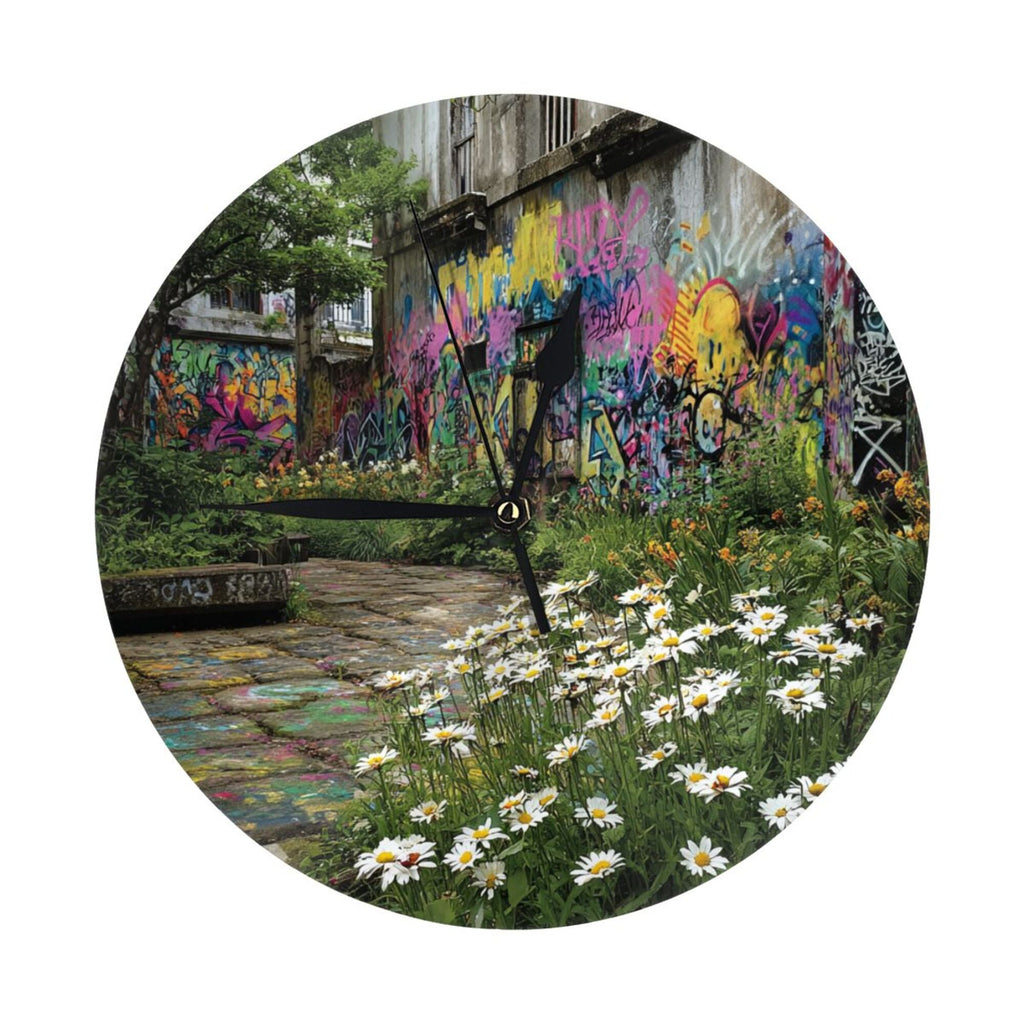 Street Graffiti & Daisy Round Wall Clock - Creative Art Clock, Trendy Home Decor Wall Ornament