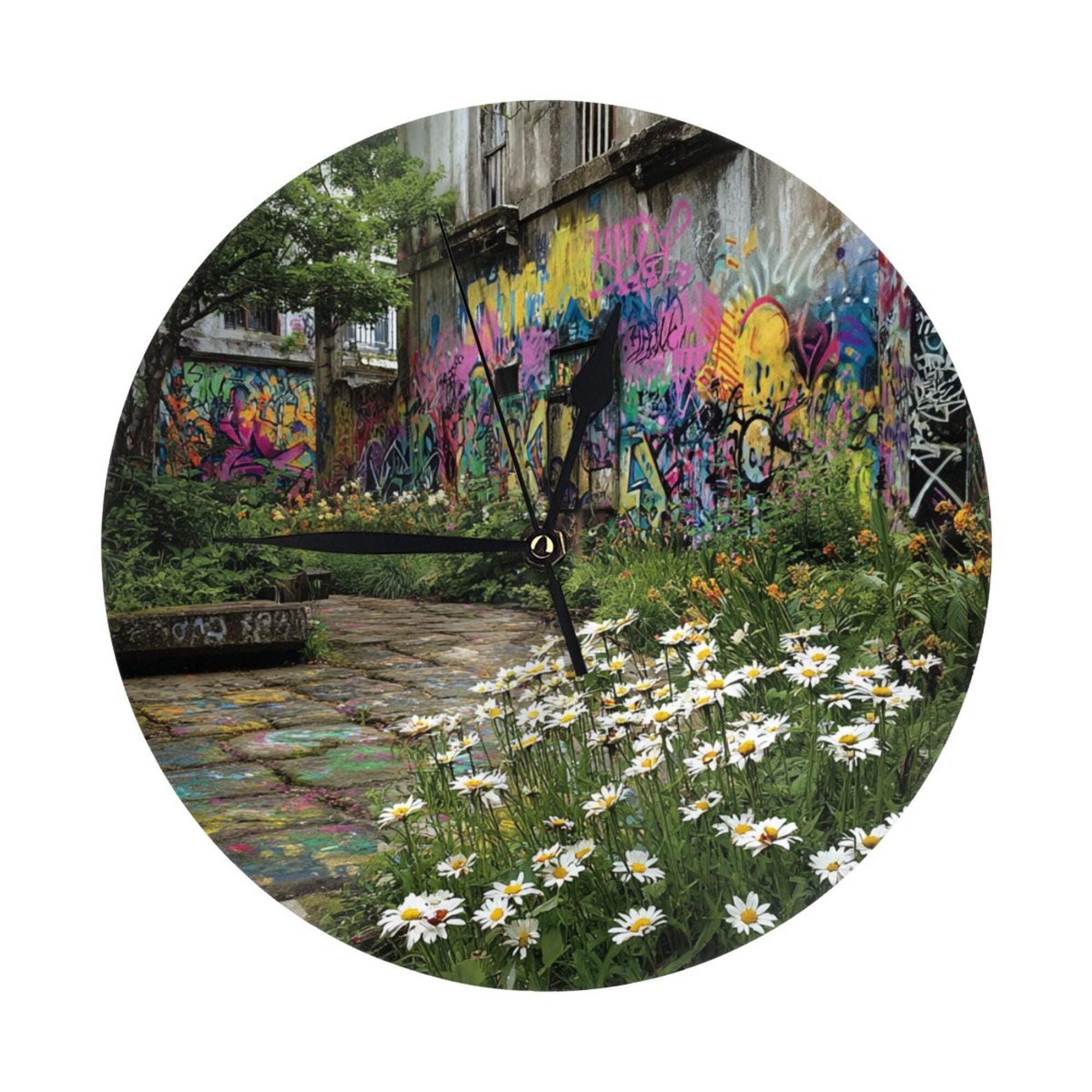 Street Graffiti & Daisy Round Wall Clock - Creative Art Clock, Trendy Home Decor Wall Ornament