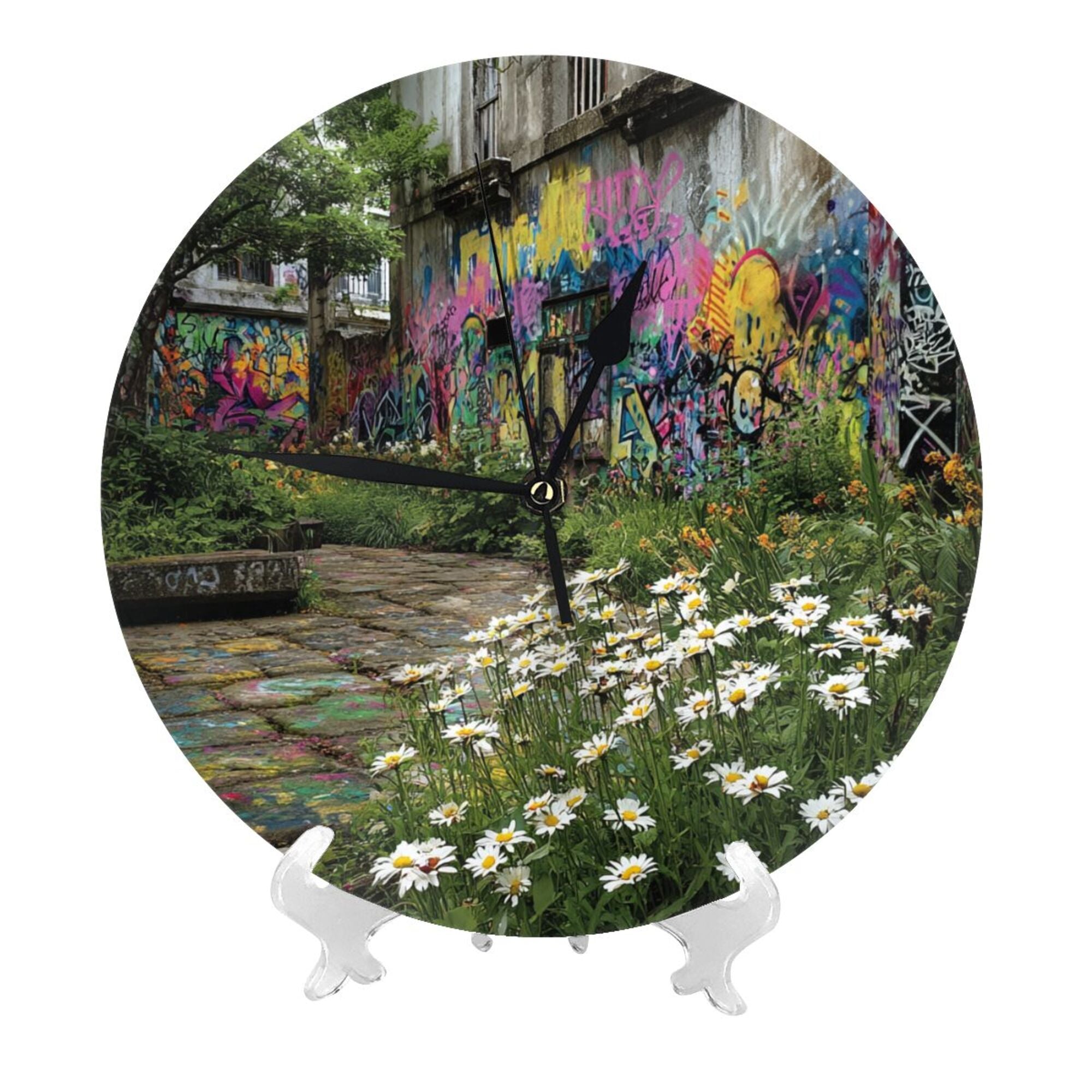 Street Graffiti & Daisy Round Wall Clock - Creative Art Clock, Trendy Home Decor Wall Ornament