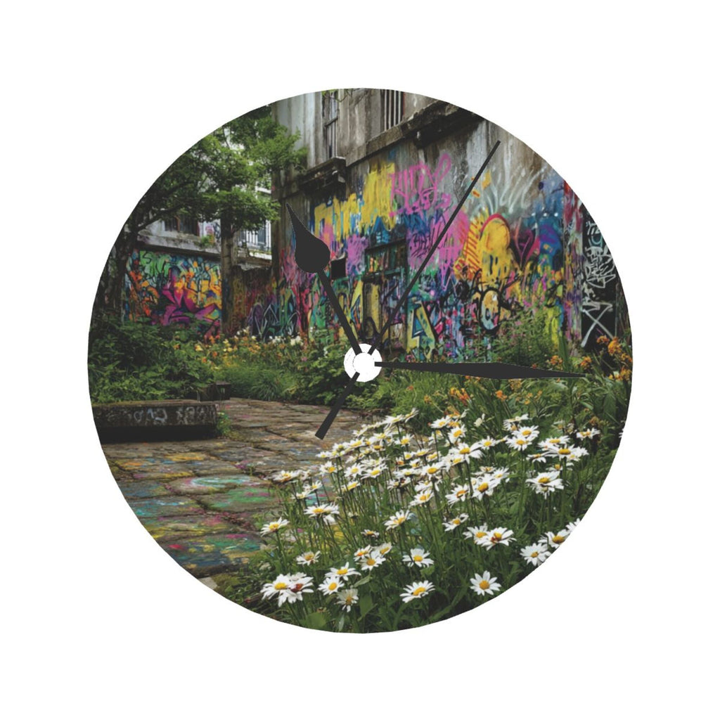 Street Graffiti & Daisy Round Wall Clock - Creative Art Clock, Trendy Home Decor Wall Ornament