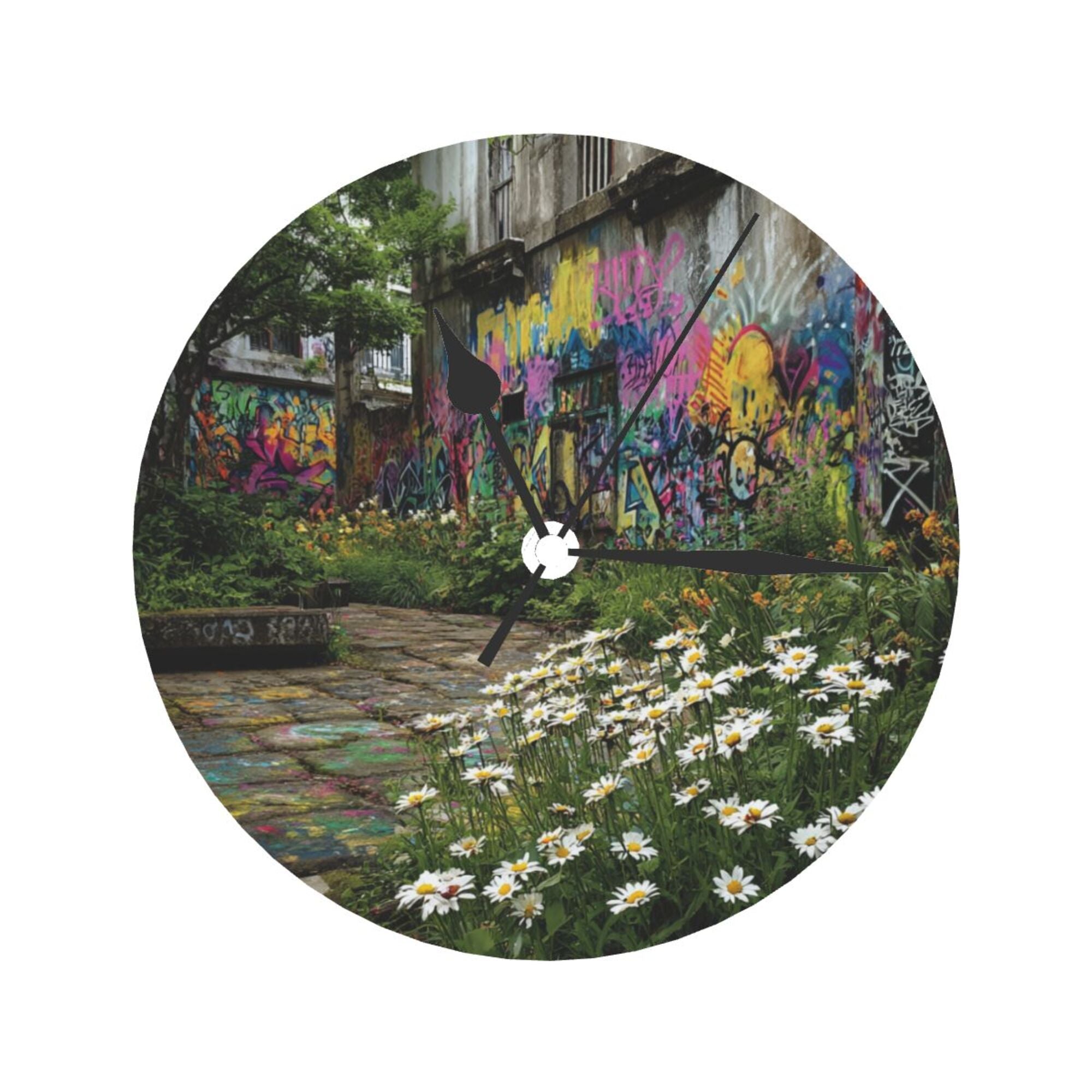 Street Graffiti & Daisy Round Wall Clock - Creative Art Clock, Trendy Home Decor Wall Ornament