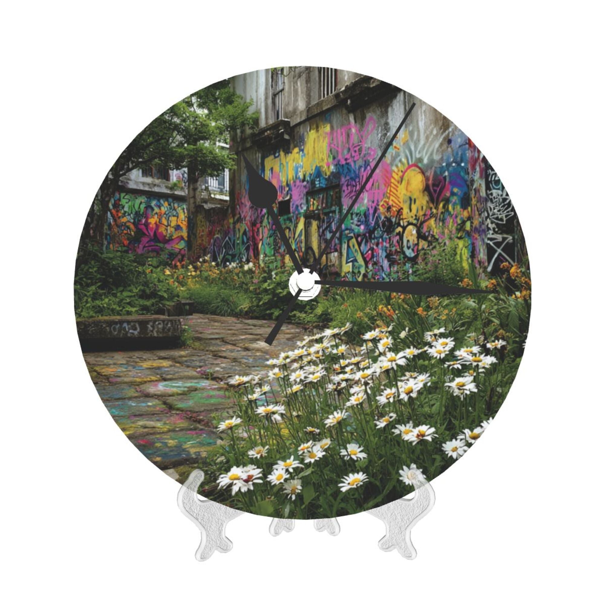 Street Graffiti & Daisy Round Wall Clock - Creative Art Clock, Trendy Home Decor Wall Ornament