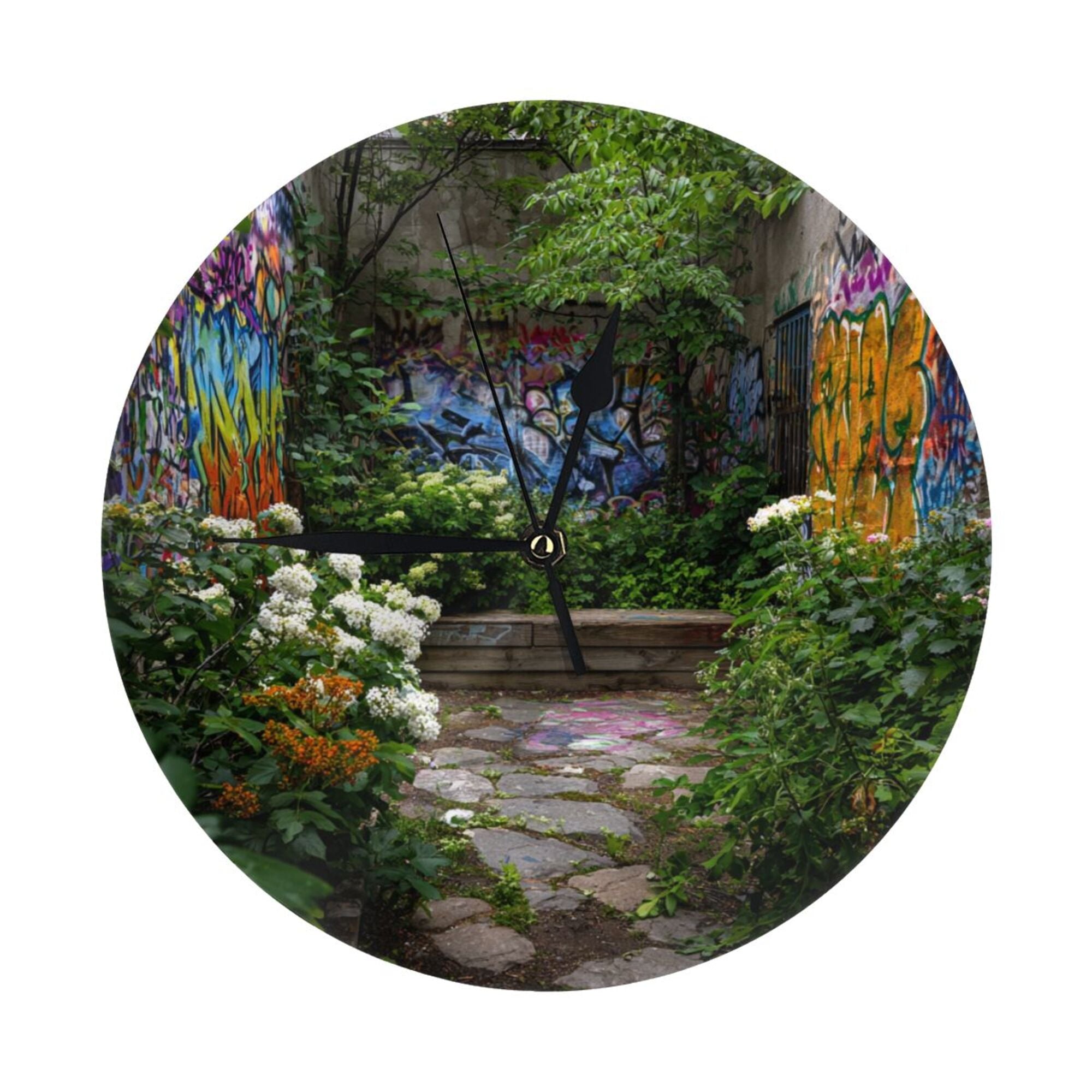 Graffiti Garden Round Wall Clock - Creative Home Decor Clock, Artistic Desktop Ornament