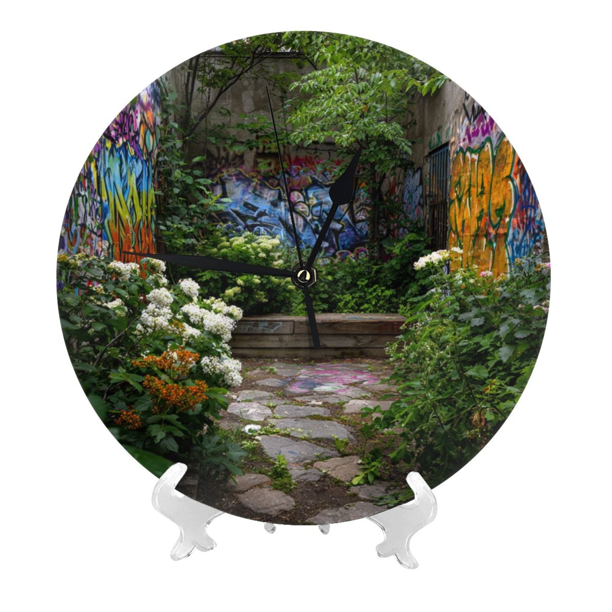 Graffiti Garden Round Wall Clock - Creative Home Decor Clock, Artistic Desktop Ornament