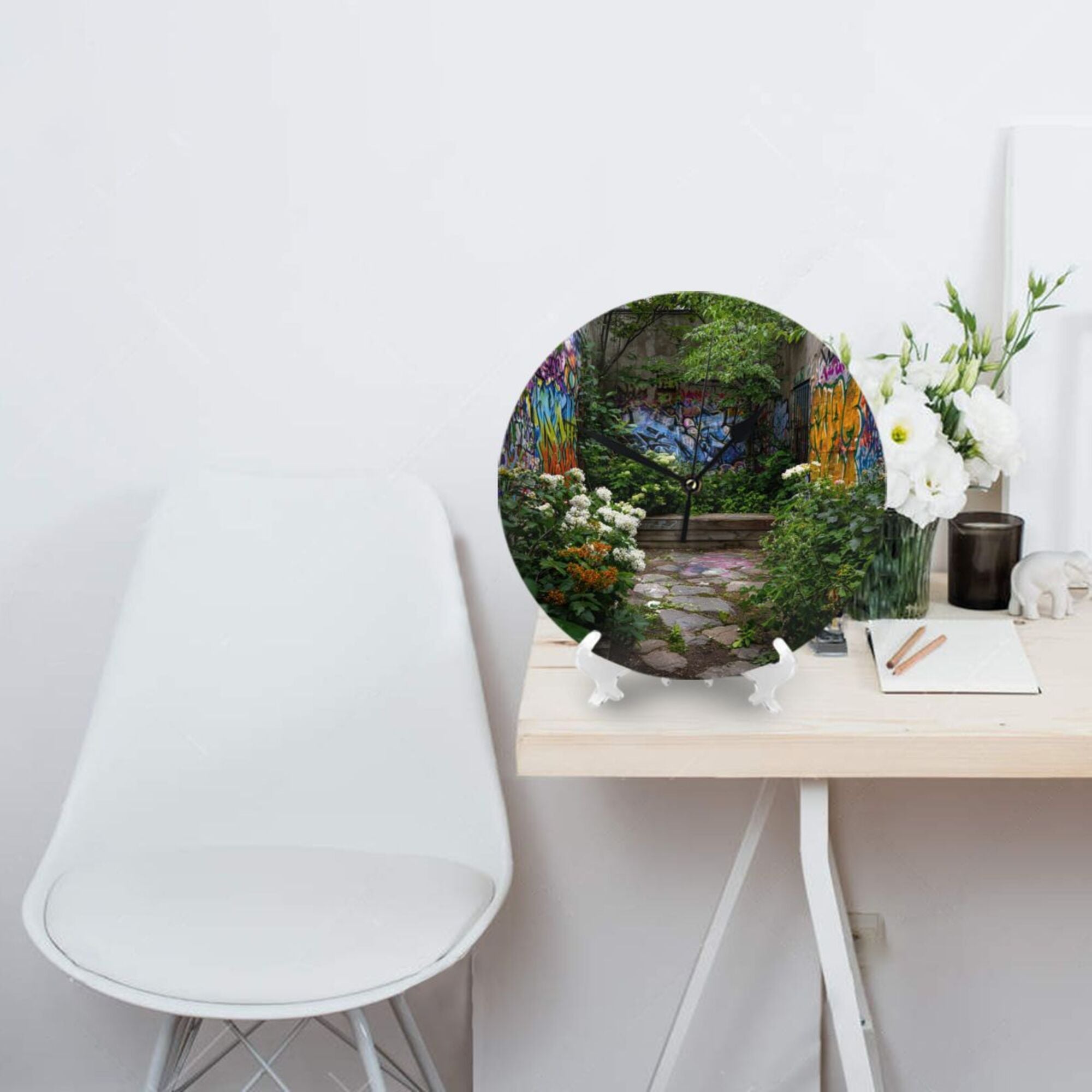 Graffiti Garden Round Wall Clock - Creative Home Decor Clock, Artistic Desktop Ornament