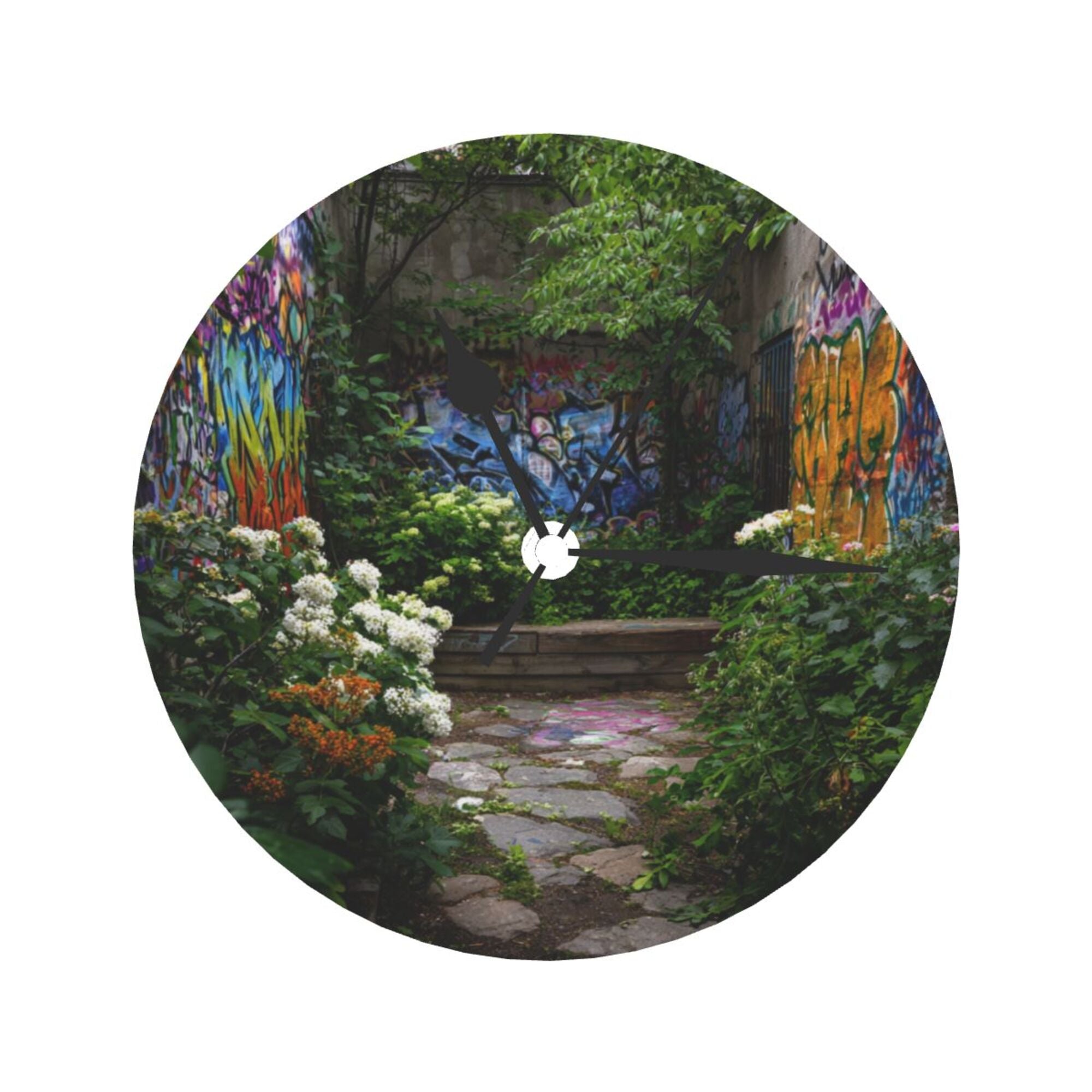 Graffiti Garden Round Wall Clock - Creative Home Decor Clock, Artistic Desktop Ornament