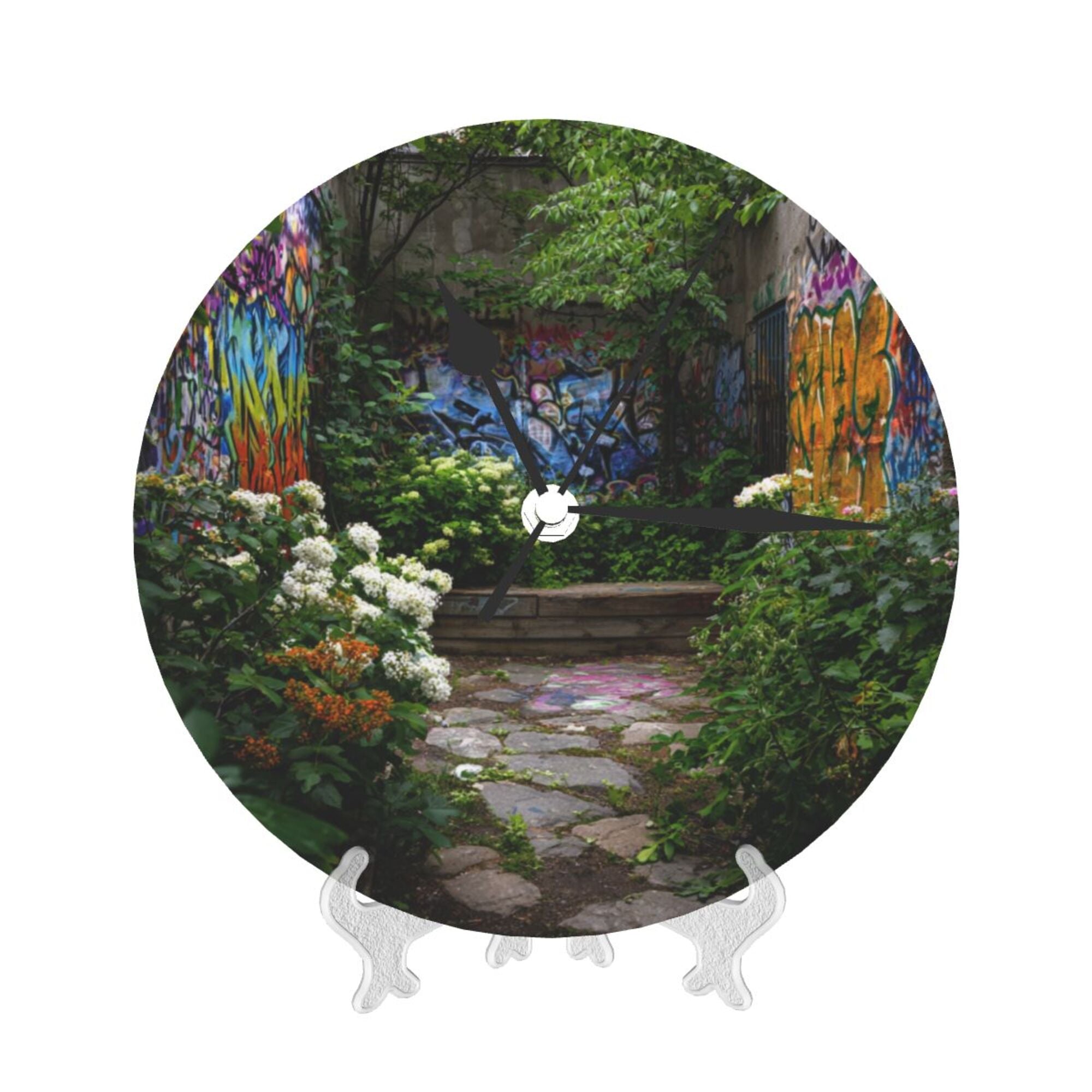 Graffiti Garden Round Wall Clock - Creative Home Decor Clock, Artistic Desktop Ornament