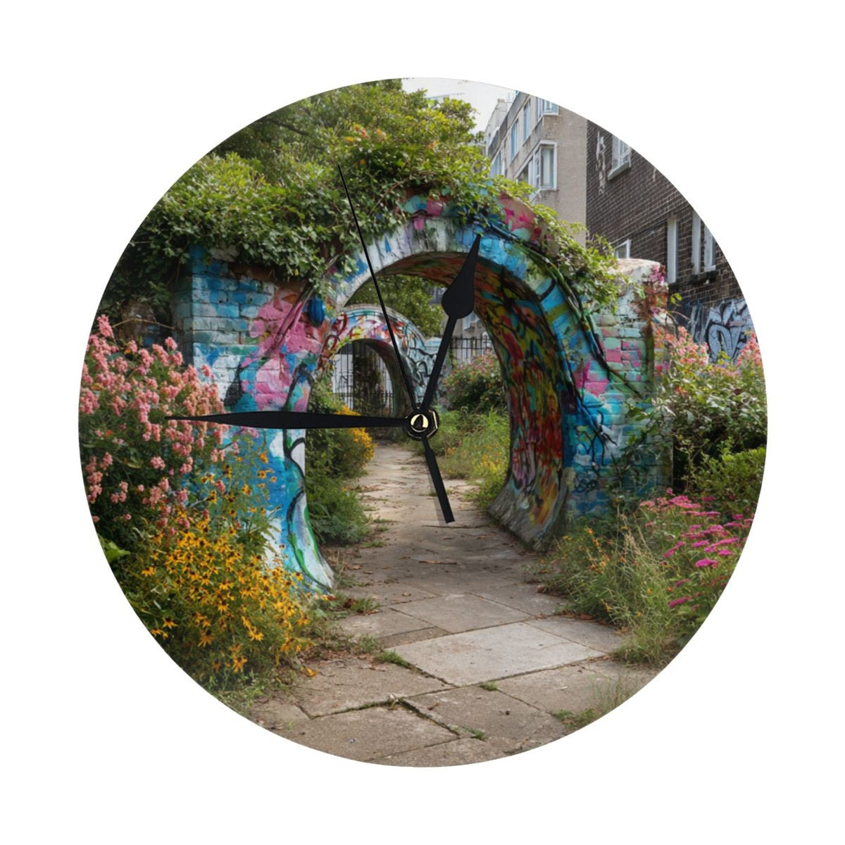 Graffiti - Covered Archway Round Wall Clock: A Fusion of Urban Art and Natural Charm for Home Decor