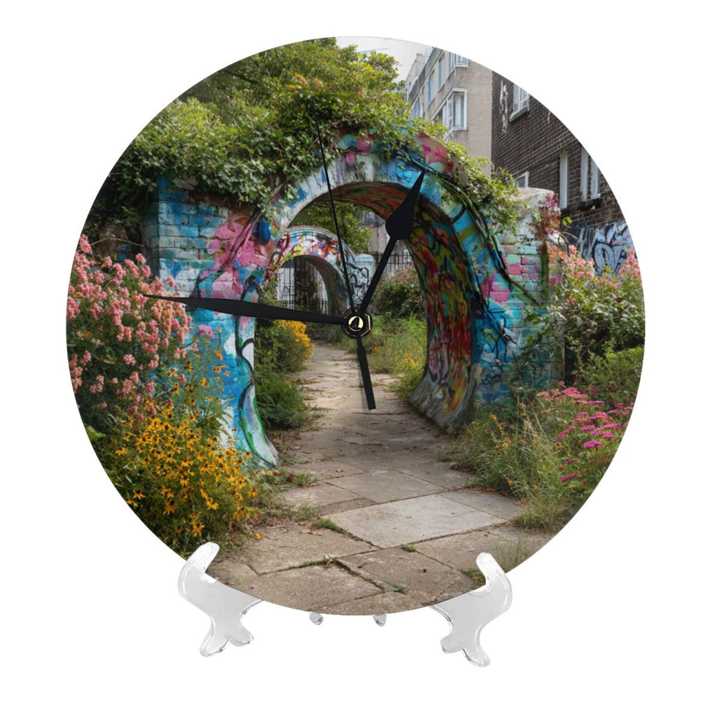 Graffiti - Covered Archway Round Wall Clock: A Fusion of Urban Art and Natural Charm for Home Decor