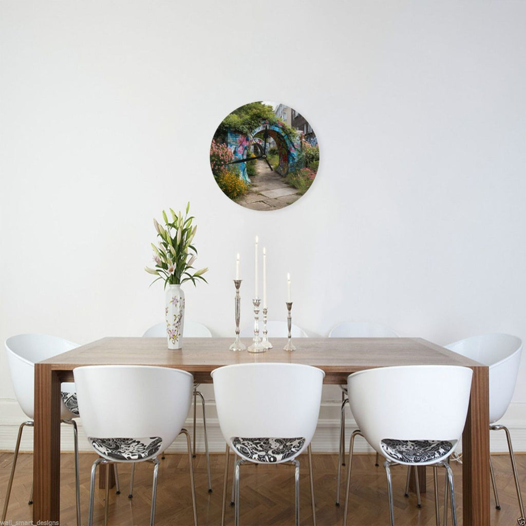 Graffiti - Covered Archway Round Wall Clock: A Fusion of Urban Art and Natural Charm for Home Decor