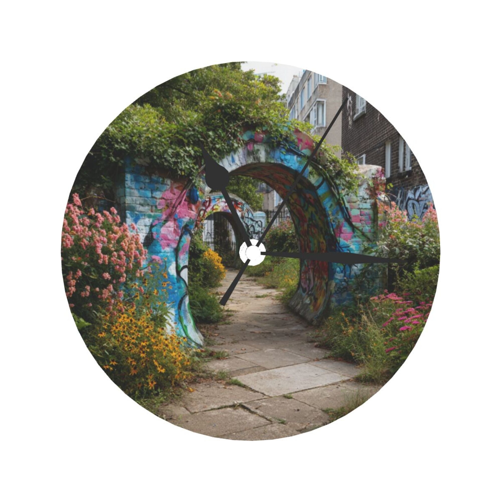 Graffiti - Covered Archway Round Wall Clock: A Fusion of Urban Art and Natural Charm for Home Decor