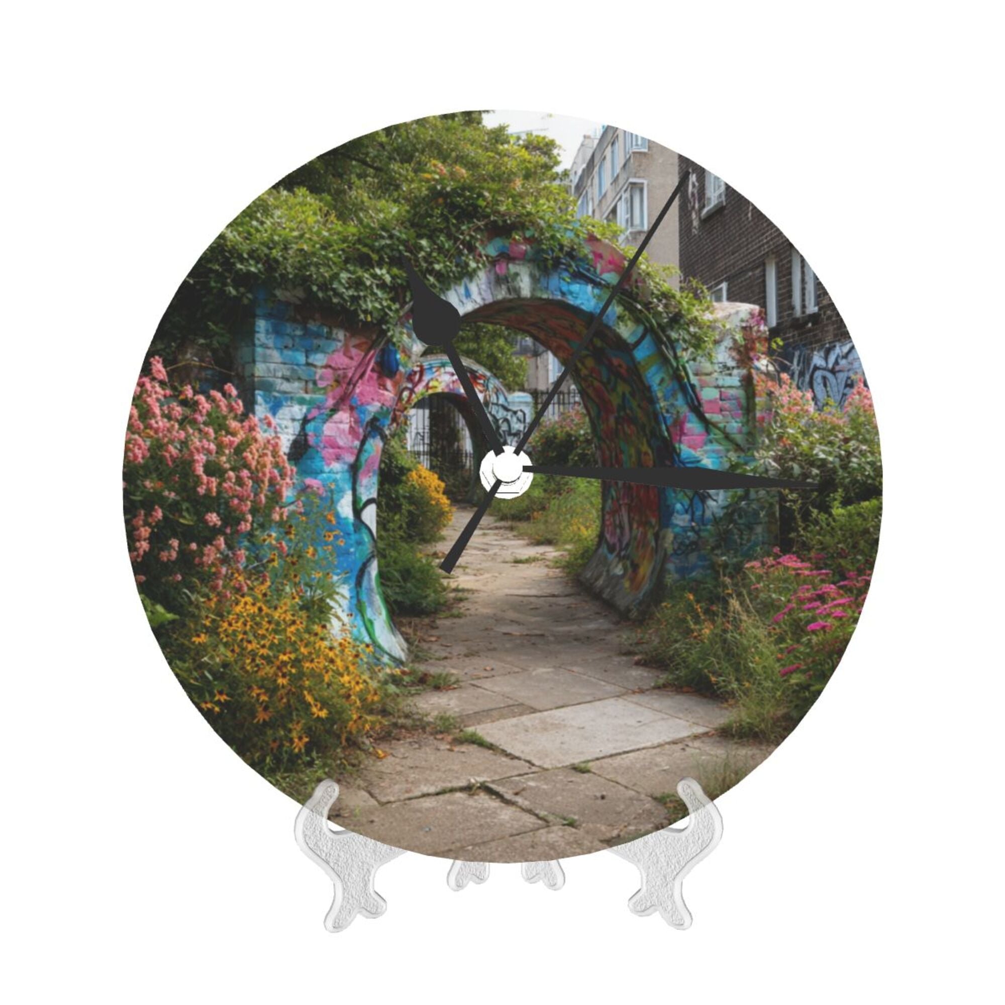 Graffiti - Covered Archway Round Wall Clock: A Fusion of Urban Art and Natural Charm for Home Decor