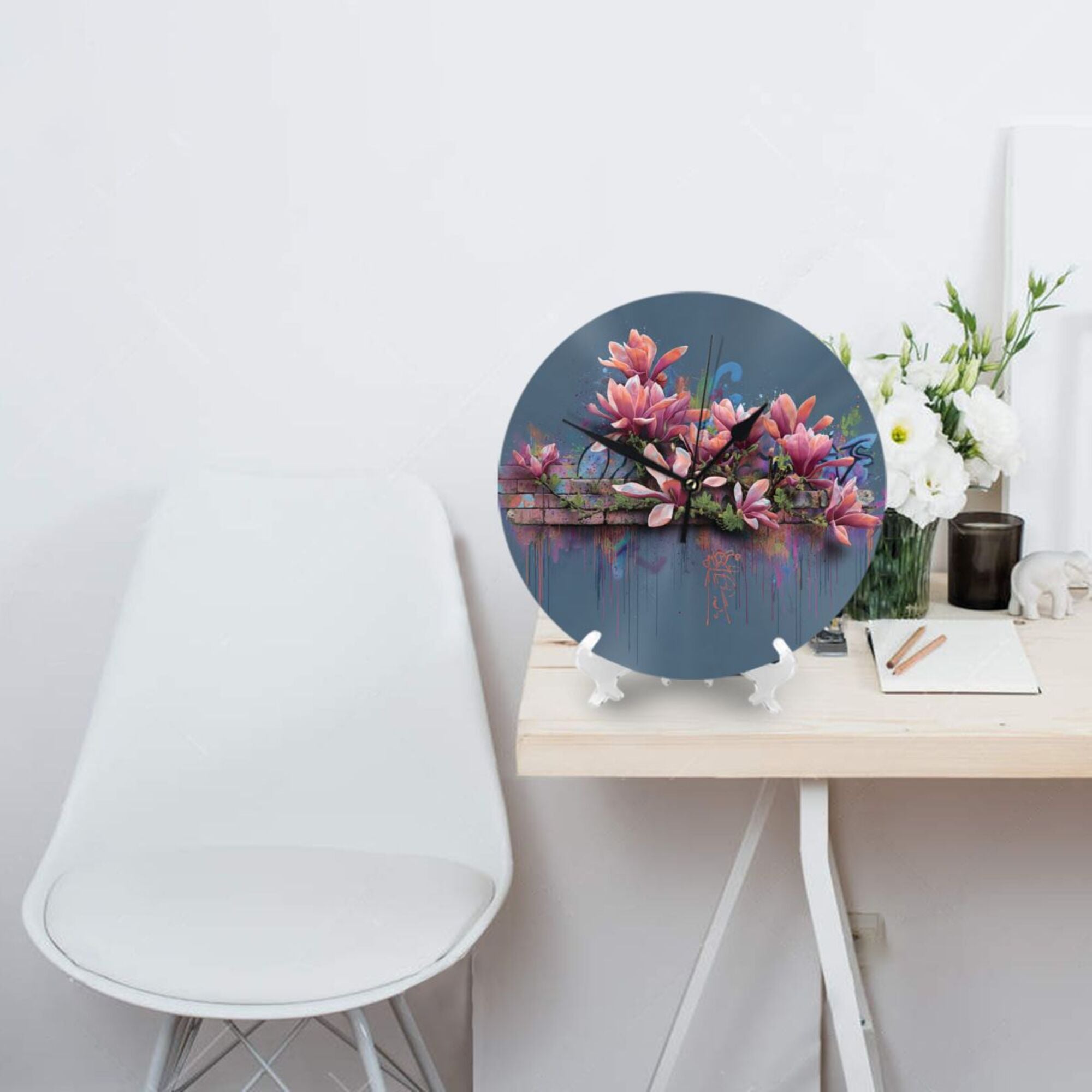 Art Graffiti Flower Round Wall Clock - Creative Home Decor Clock, Trendy Wall Art Ornament