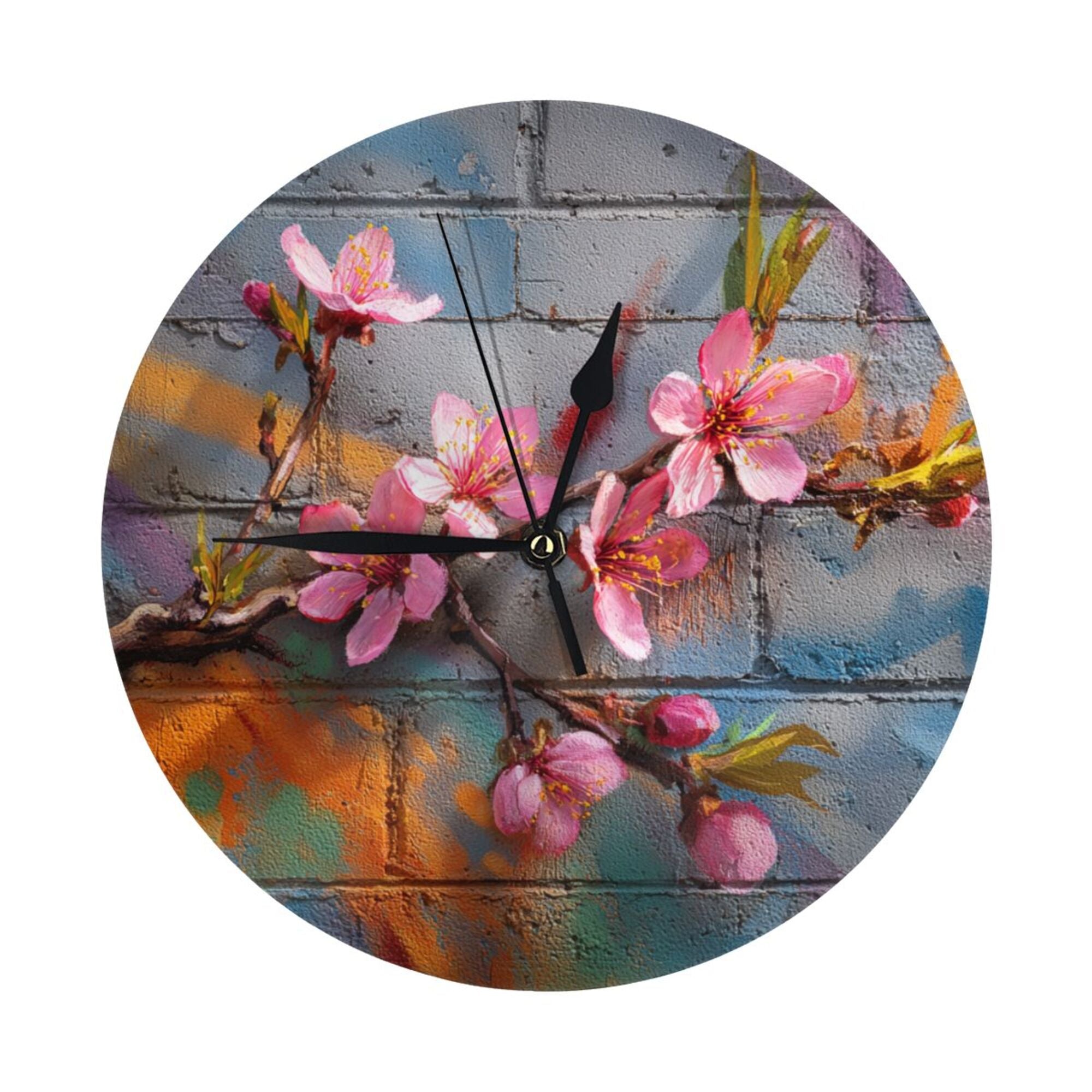 Street Graffiti Peach Blossom Round Wall Clock - Creative Art Clock, Trendy Home Decor Wall Ornament